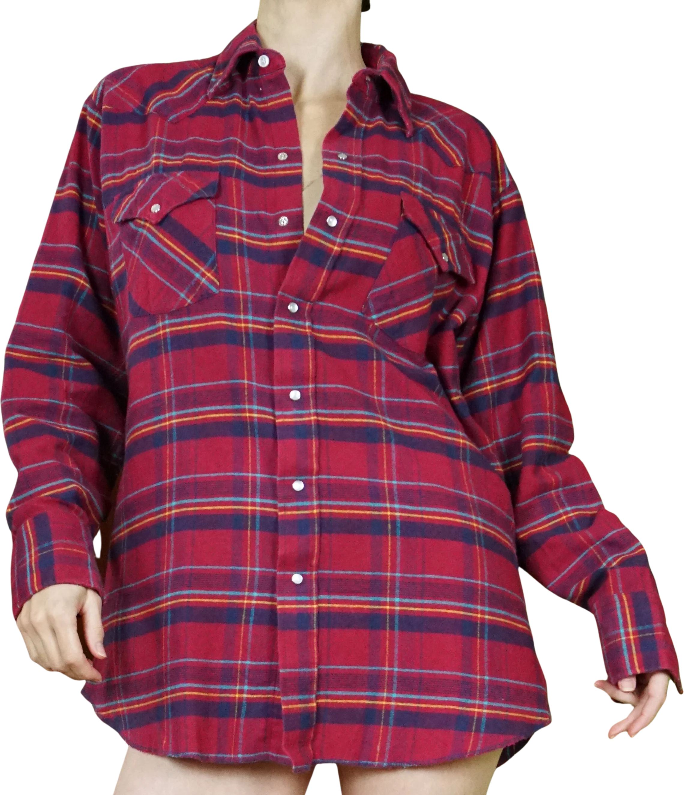 70s/80s Dark Pink Plaid Flannel Western Pearl Snap Shirt By Ranch & Town - Image 2