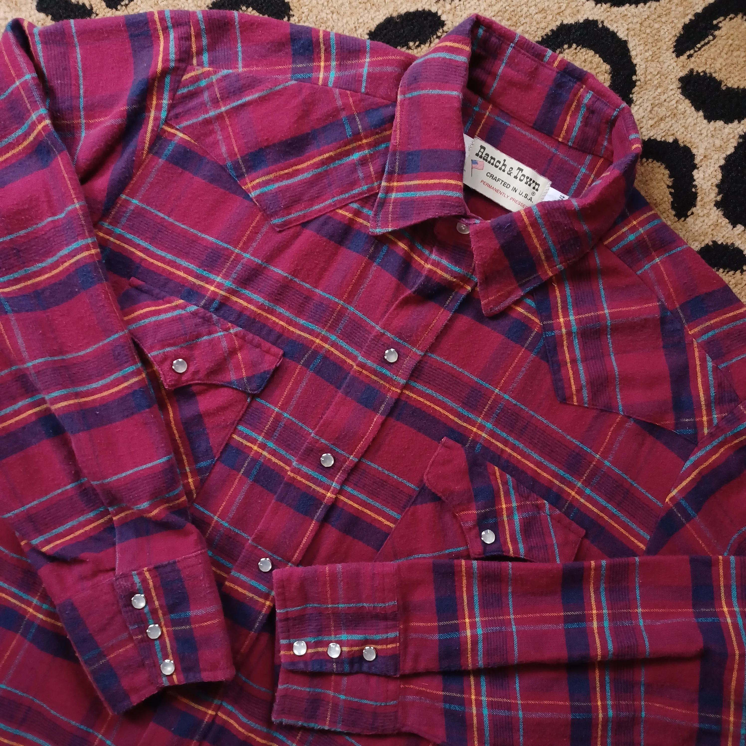 70s/80s Dark Pink Plaid Flannel Western Pearl Snap Shirt By Ranch & Town - Image 5