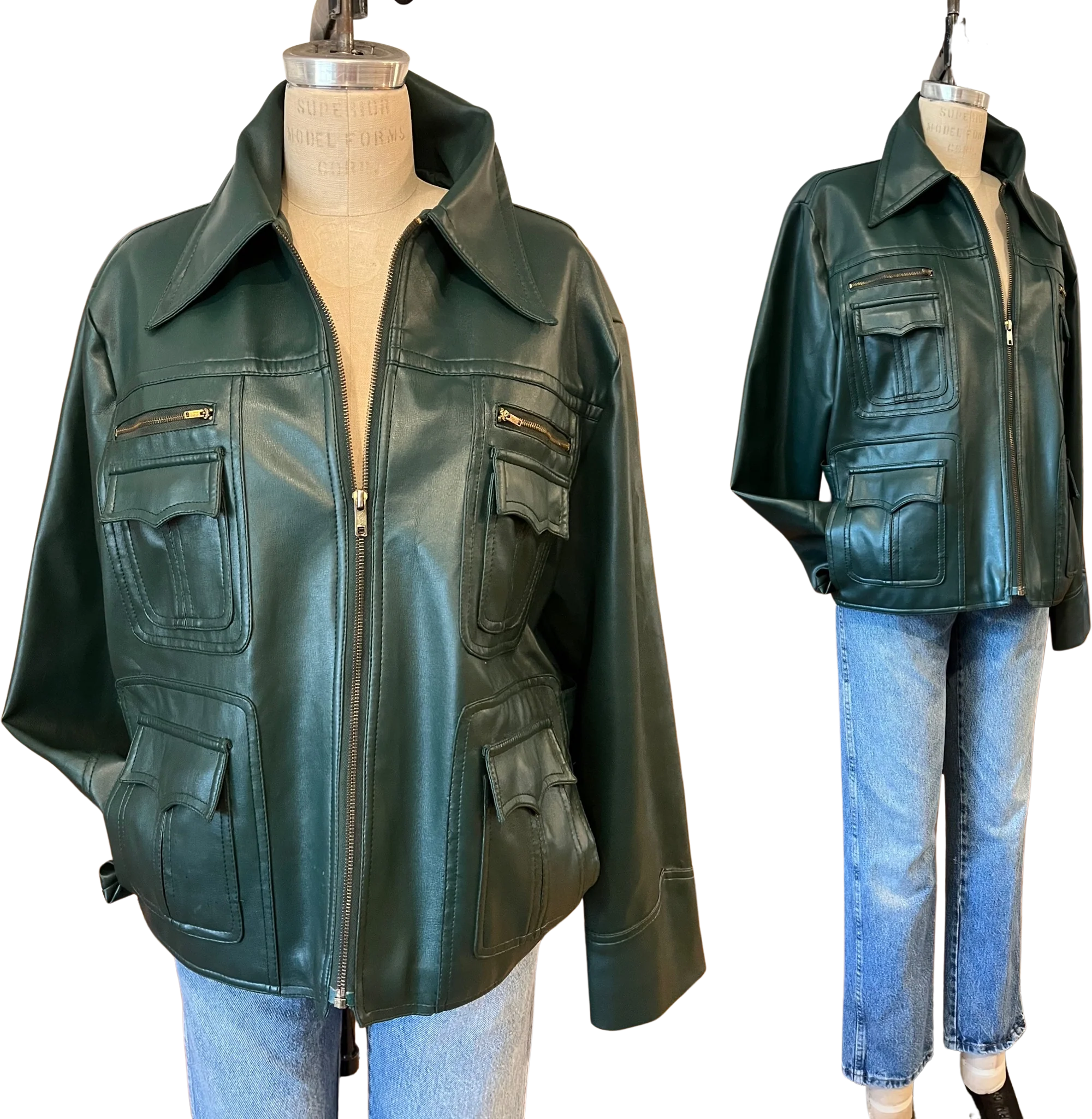 70s/80s Deep Emerald Green Vegan Faux Leather Jacket Coat