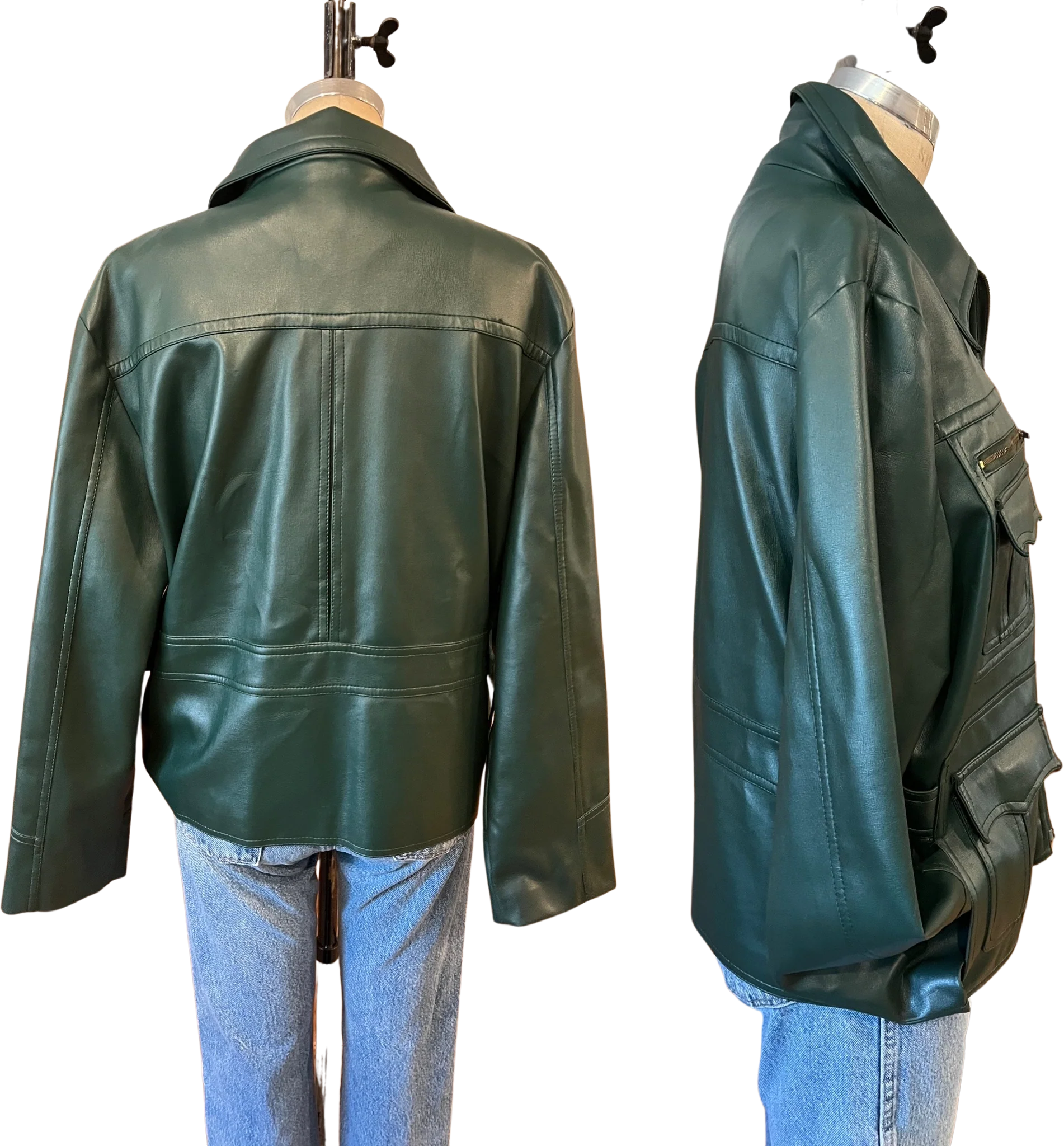 70s/80s Deep Emerald Green Vegan Faux Leather Jacket Coat - Image 2