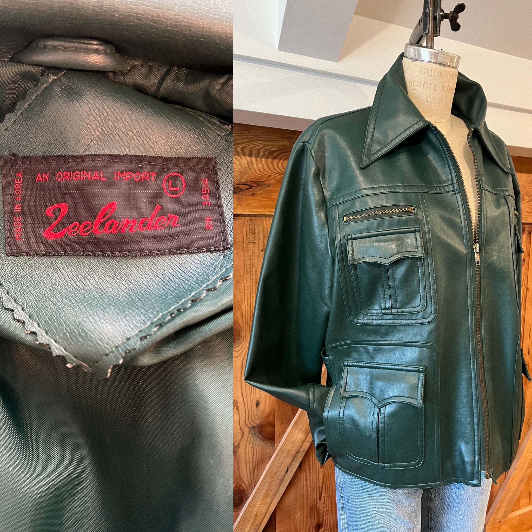 70s/80s Deep Emerald Green Vegan Faux Leather Jacket Coat - Image 3