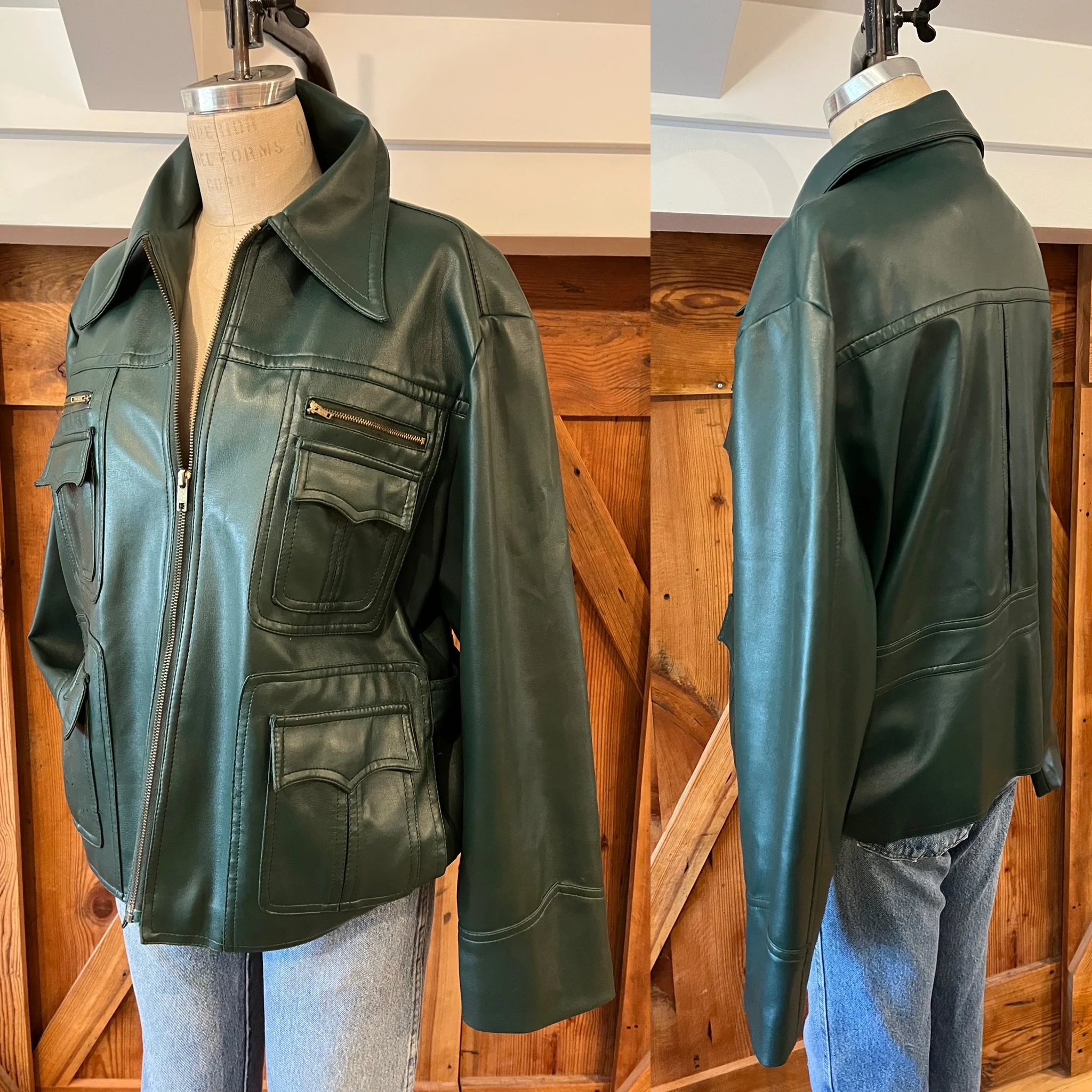 70s/80s Deep Emerald Green Vegan Faux Leather Jacket Coat - Image 4