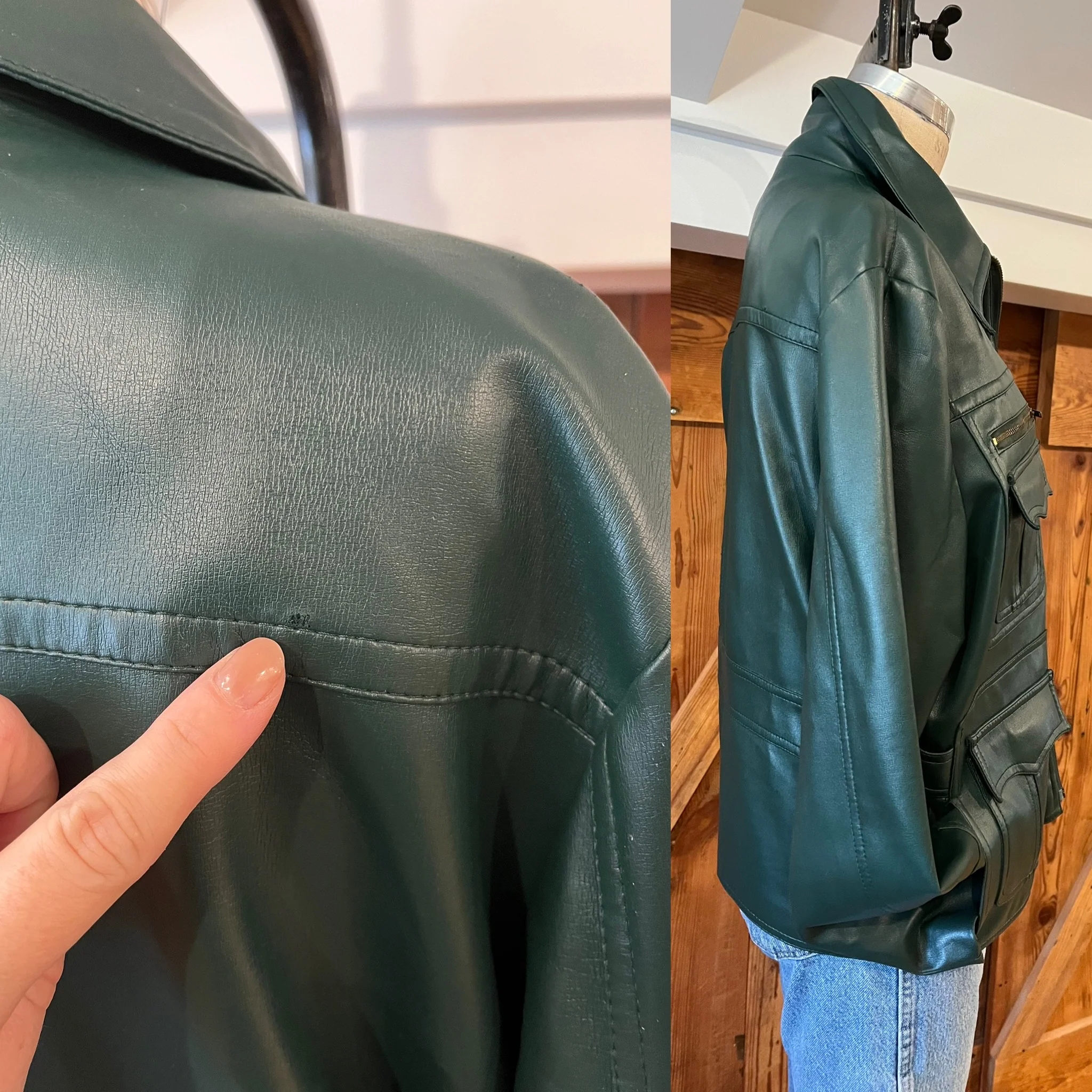 70s/80s Deep Emerald Green Vegan Faux Leather Jacket Coat - Image 5