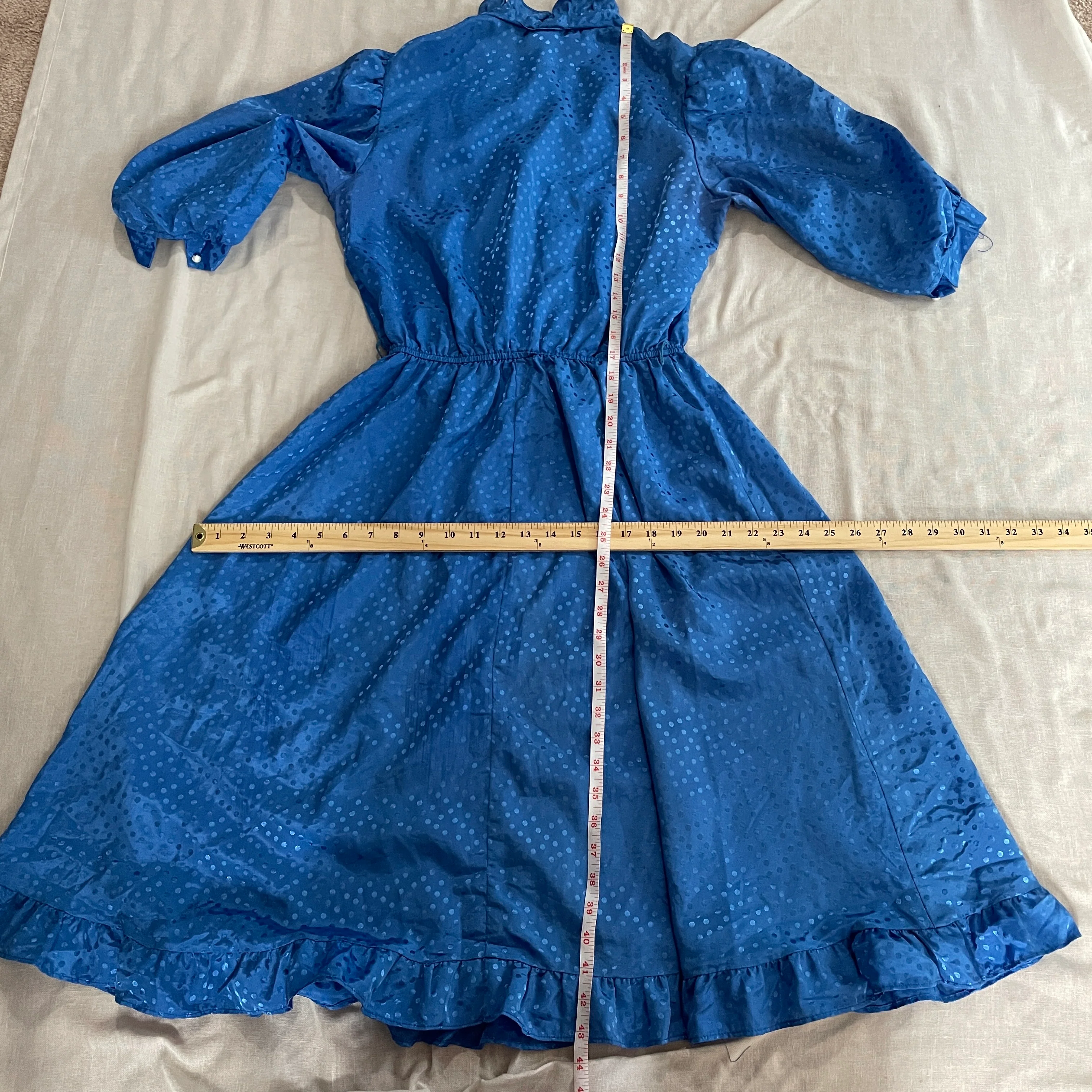 70s/80s Dress Size 13 / 14 Blue Polka Dot Jacquard Ruffle - Image 12