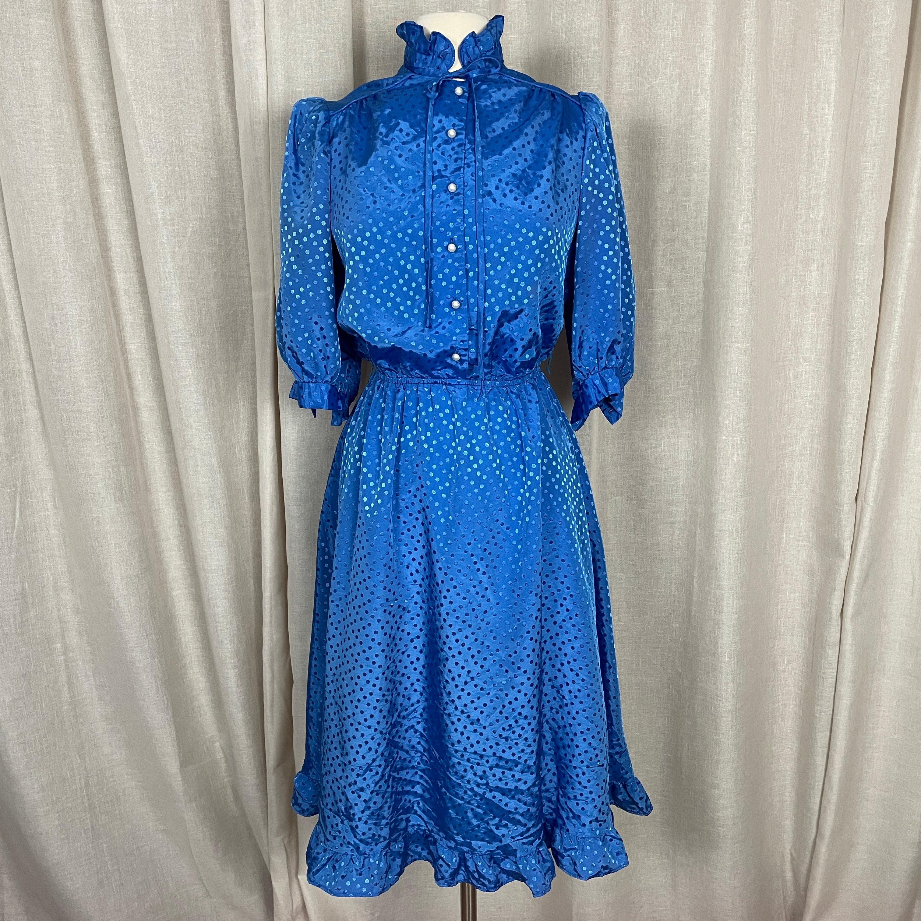 70s/80s Dress Size 13 / 14 Blue Polka Dot Jacquard Ruffle - Image 3