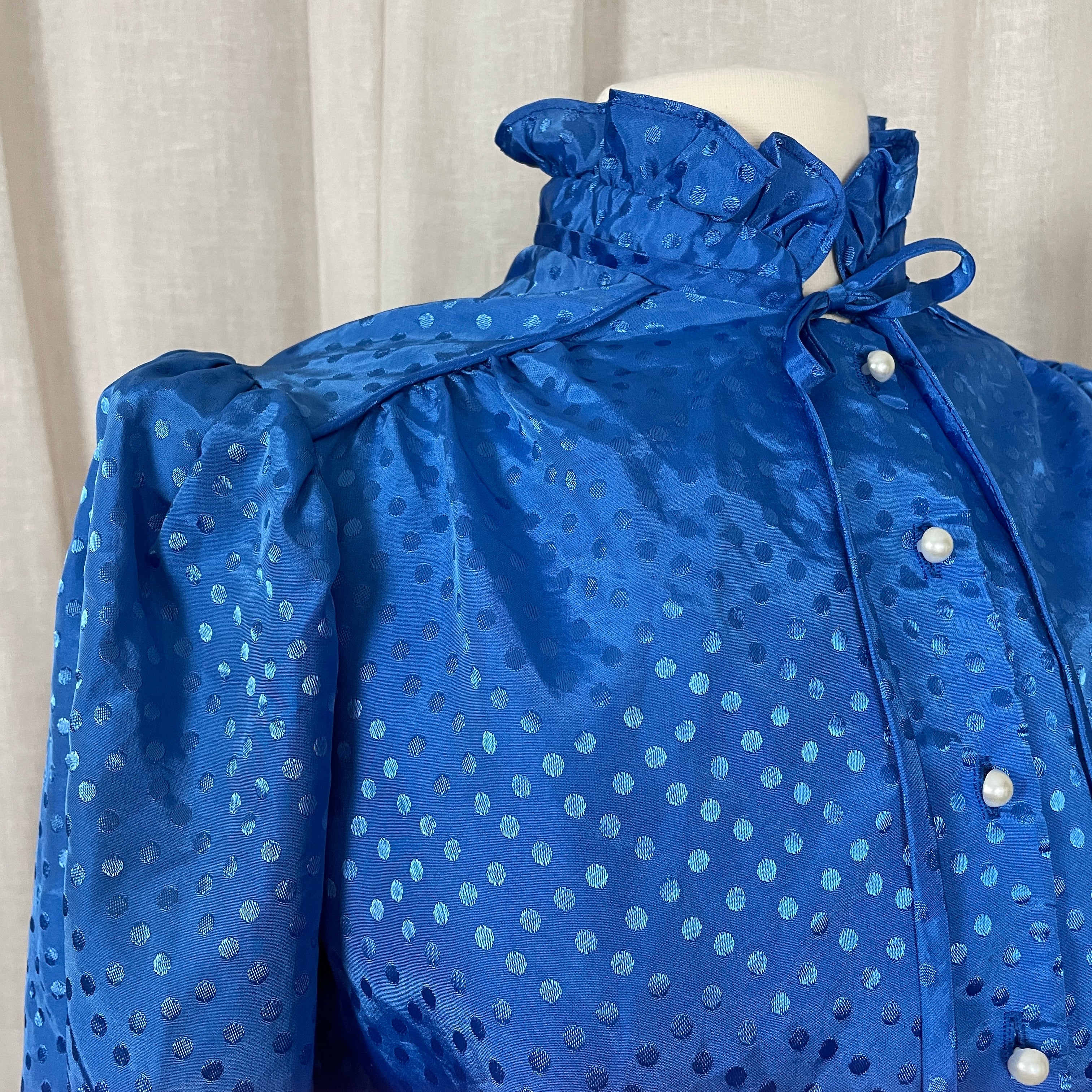 70s/80s Dress Size 13 / 14 Blue Polka Dot Jacquard Ruffle - Image 6
