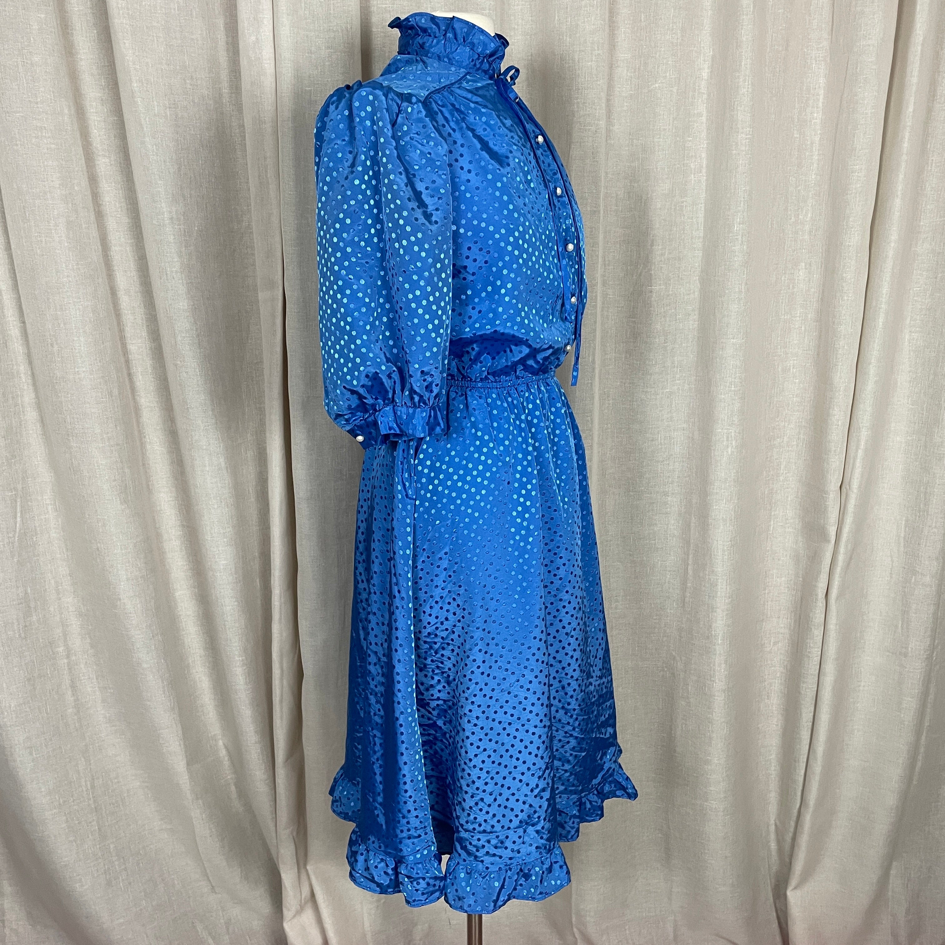 70s/80s Dress Size 13 / 14 Blue Polka Dot Jacquard Ruffle - Image 7
