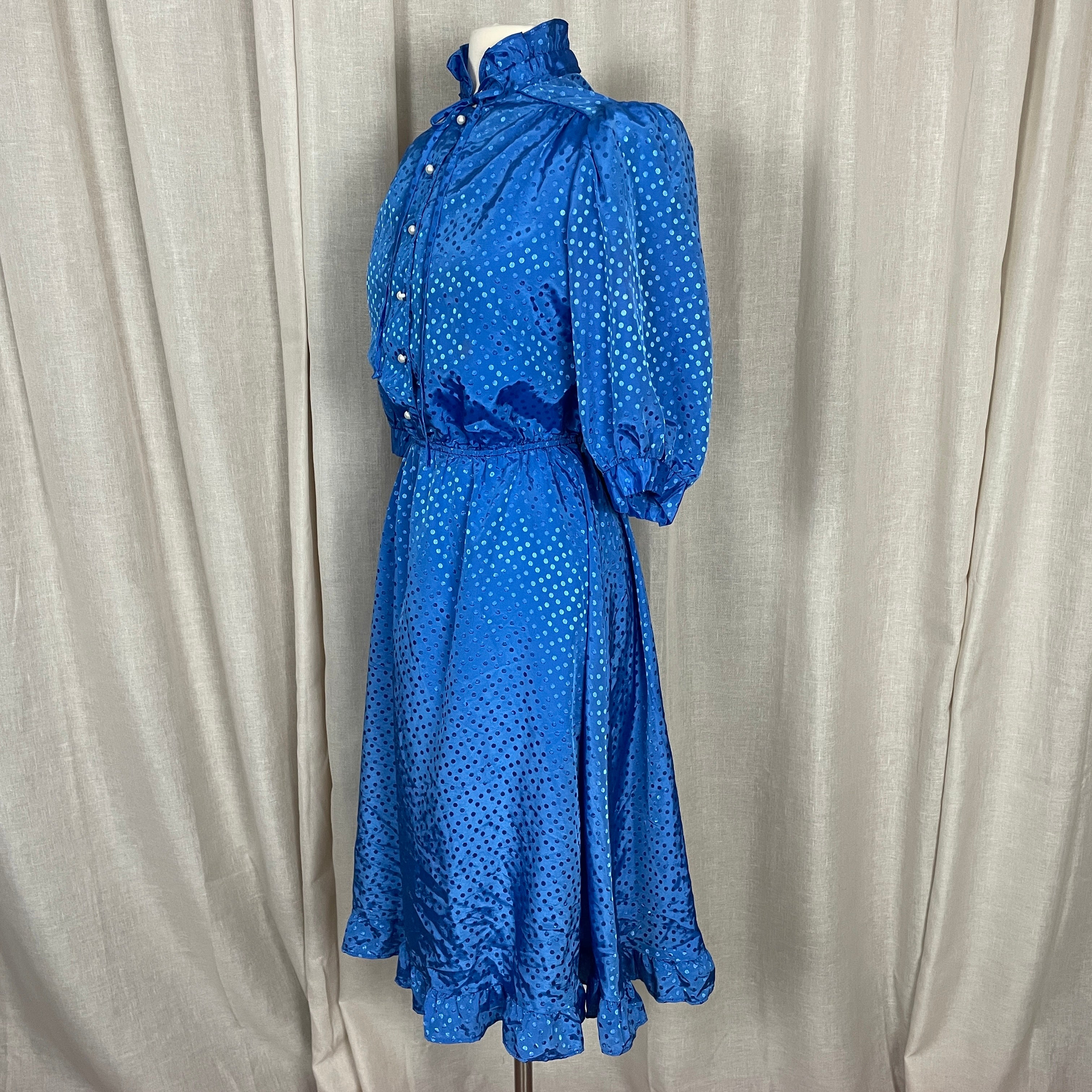 70s/80s Dress Size 13 / 14 Blue Polka Dot Jacquard Ruffle - Image 8
