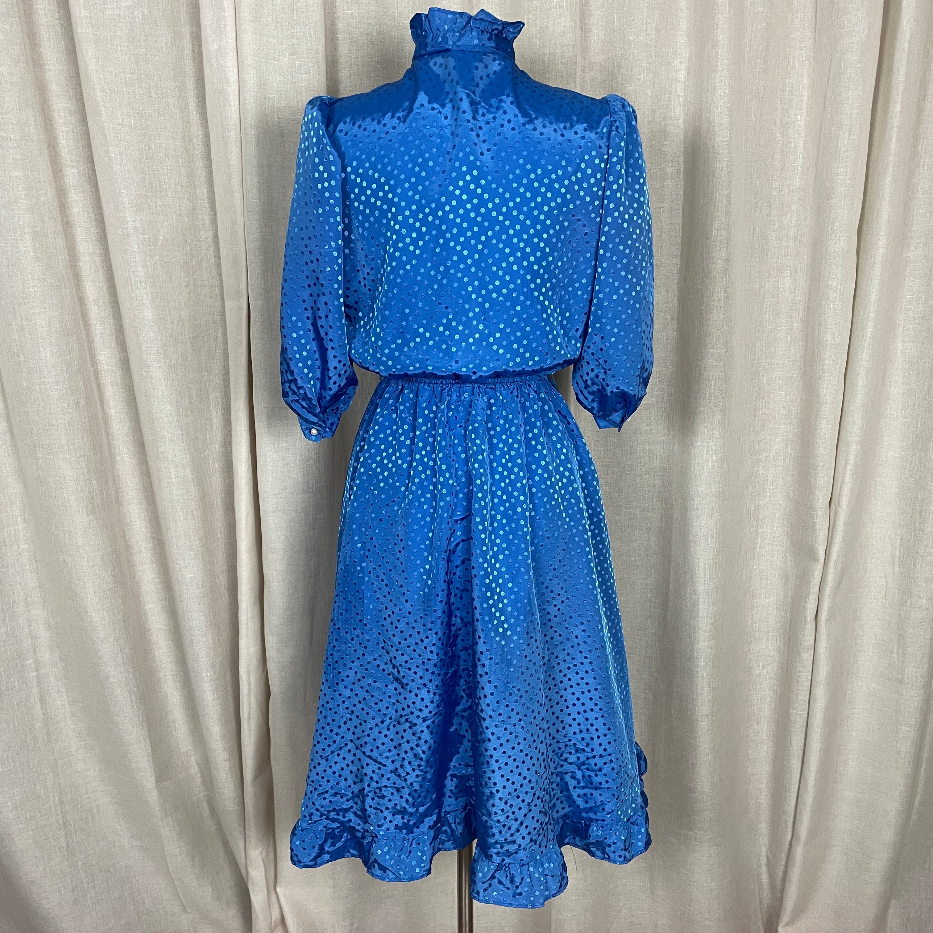 70s/80s Dress Size 13 / 14 Blue Polka Dot Jacquard Ruffle - Image 9