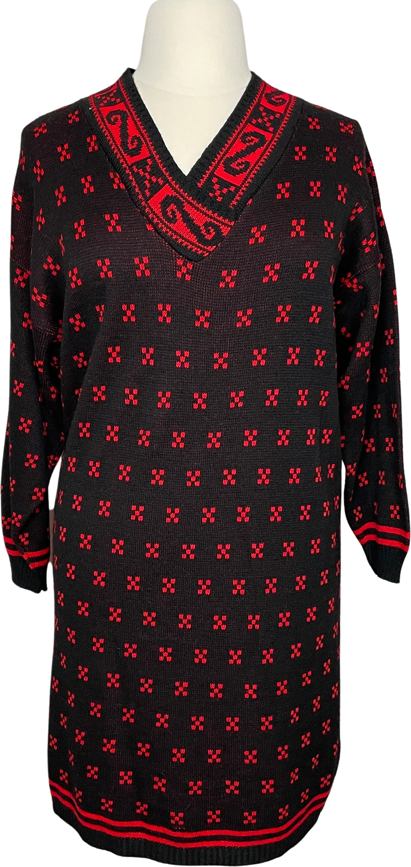 70s/80s Dress Size 16 Red Black Sweater Knit Sheath By Altogether Fashions