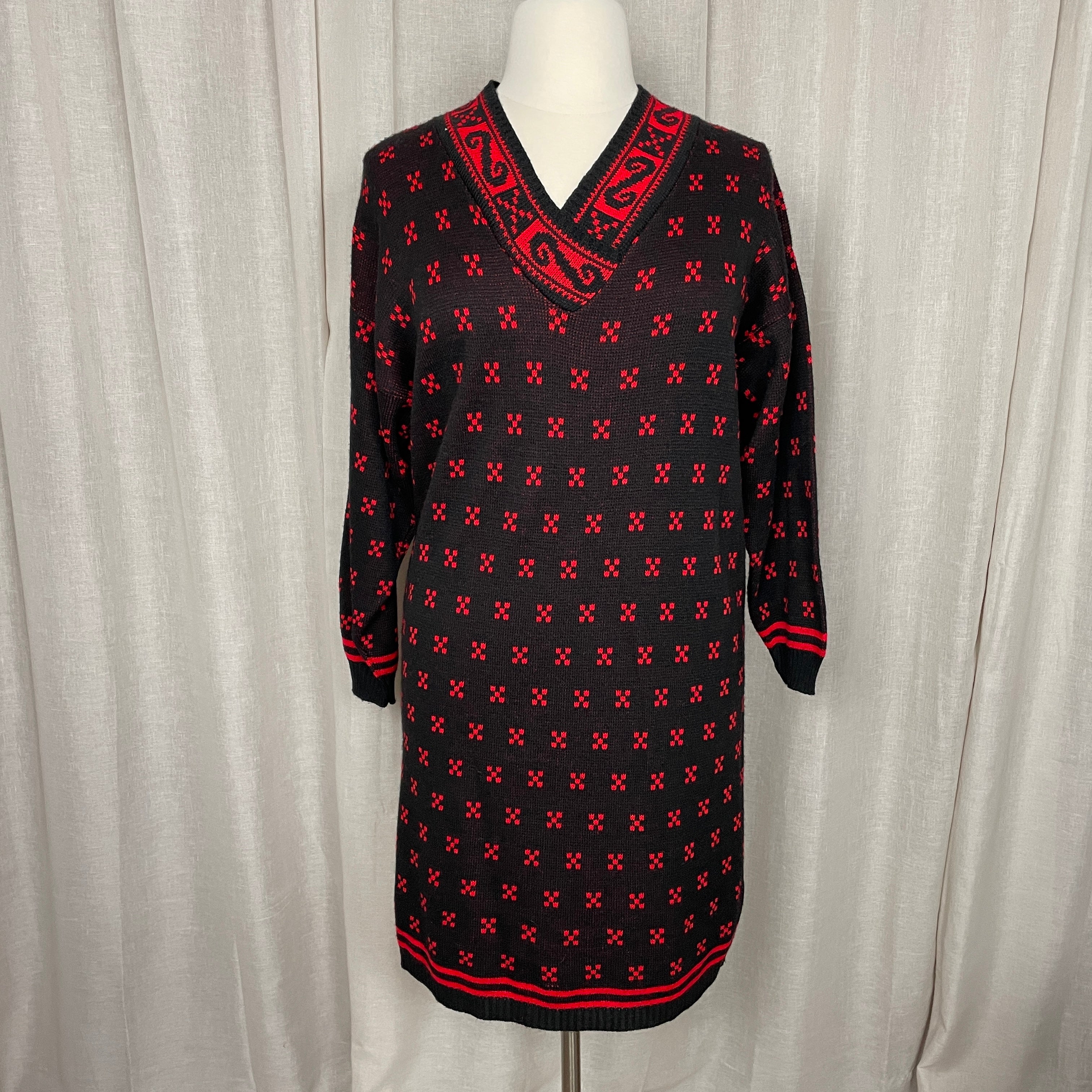 70s/80s Dress Size 16 Red Black Sweater Knit Sheath By Altogether Fashions - Image 3