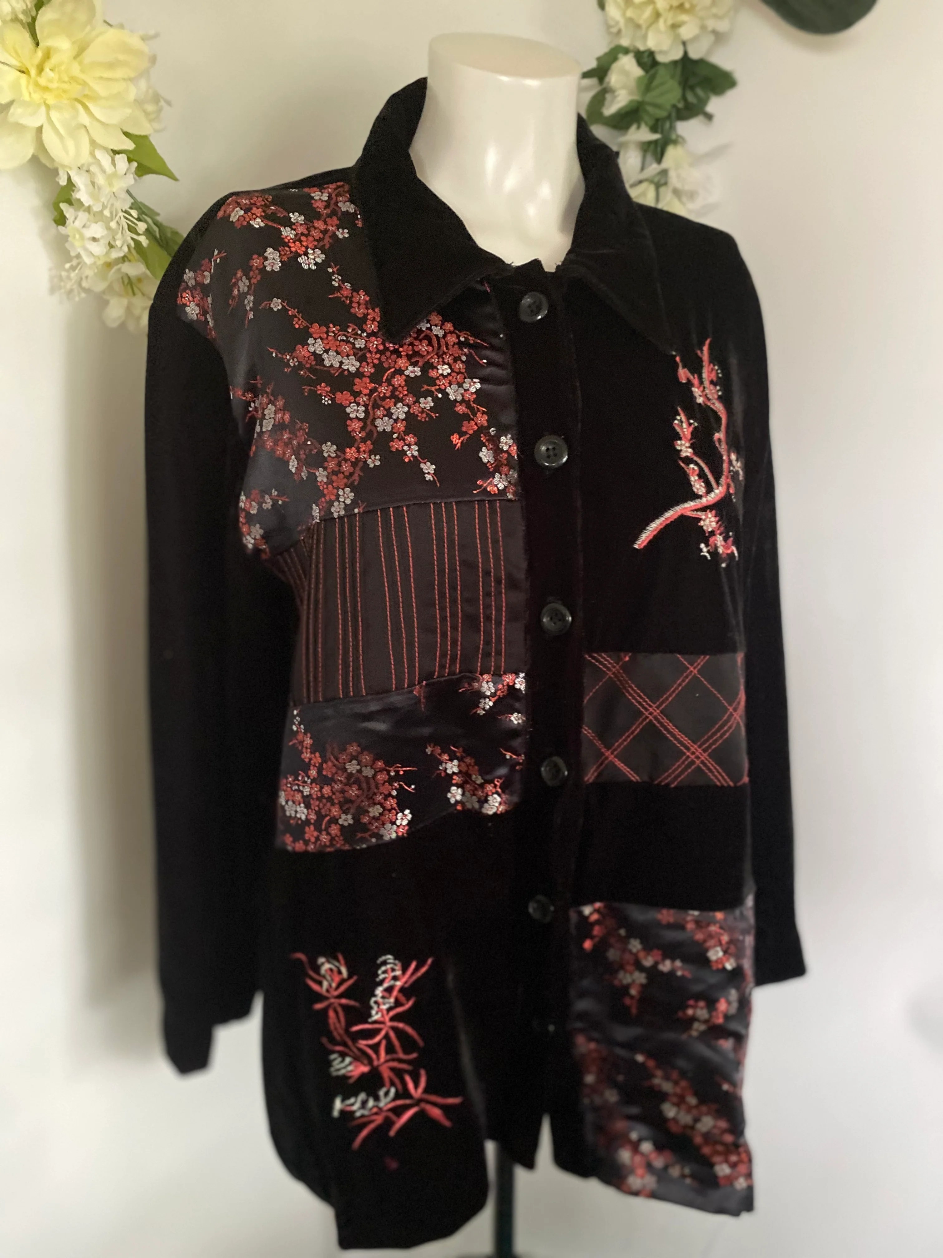 70s/80s Embroidered Black Velvet Silk Floral Jacket Xl By Robert Louis - Image 12