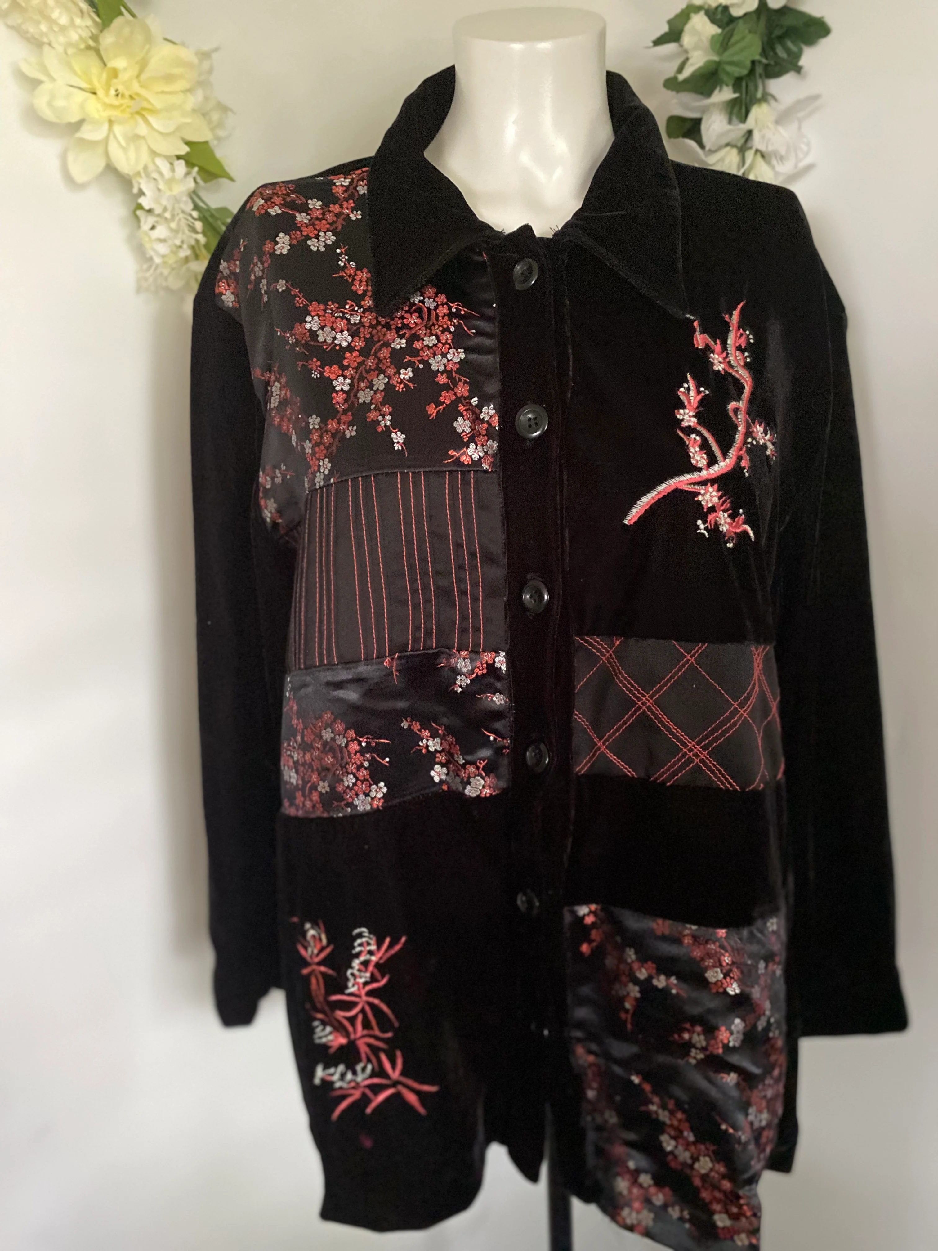 70s/80s Embroidered Black Velvet Silk Floral Jacket Xl By Robert Louis - Image 14