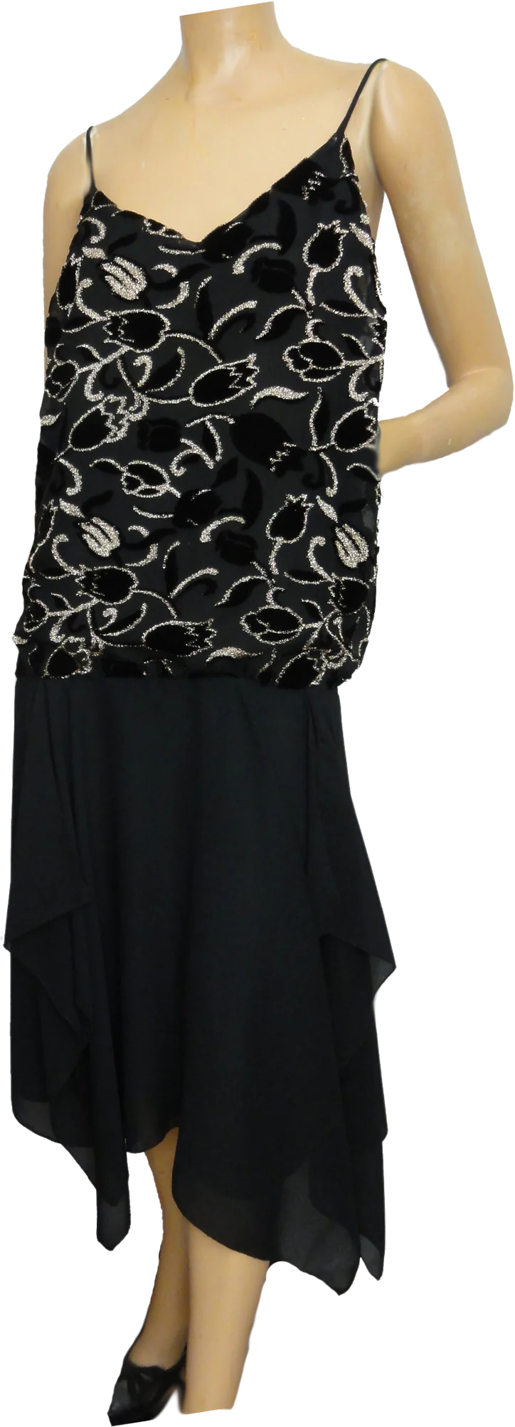 70s/80s Evening Gown Nwt Black Velvet Gold High Low Hem By Petites by Simon