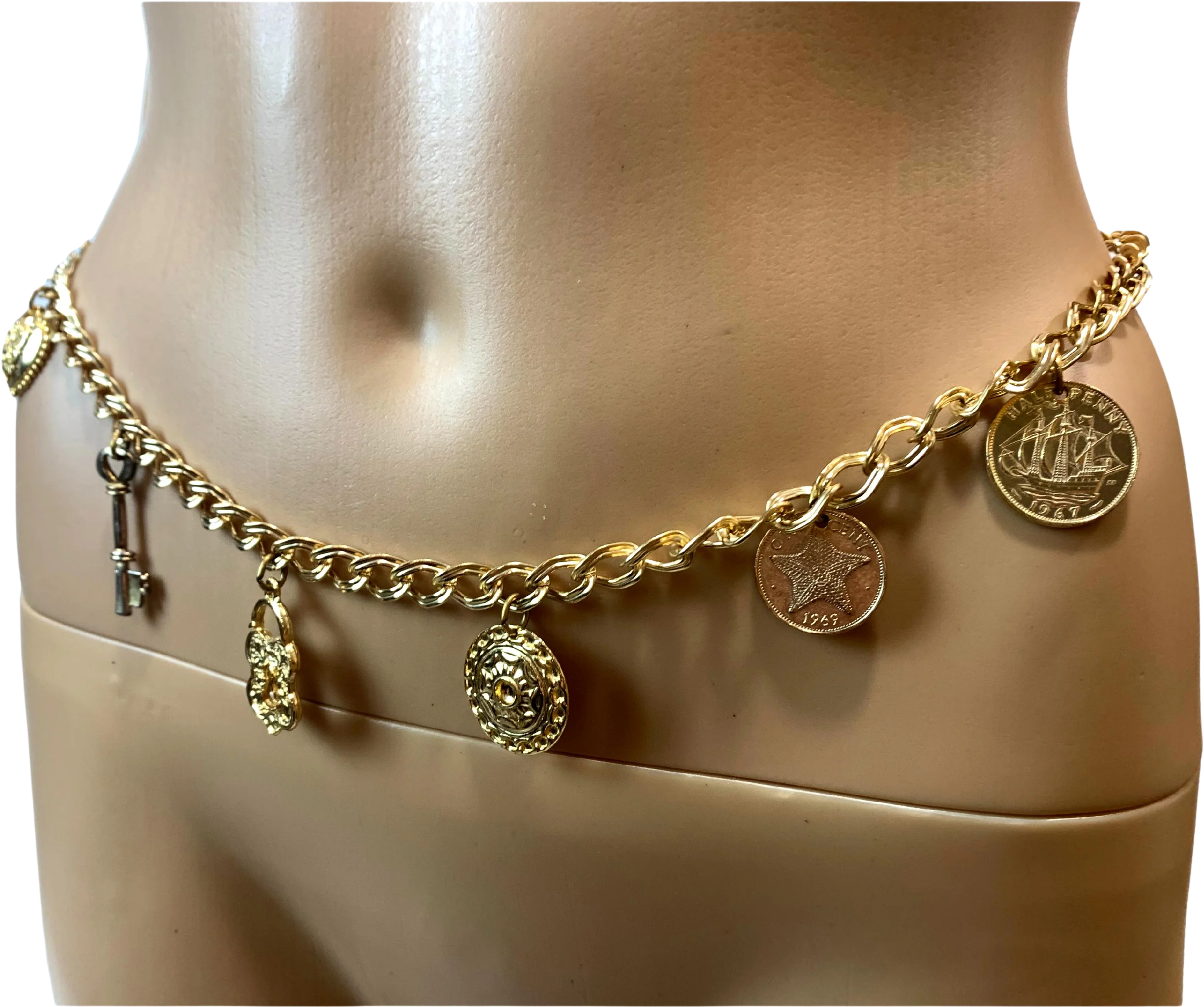 70s/80s Gold Chain Belt With Coin Heart Lock Charms
