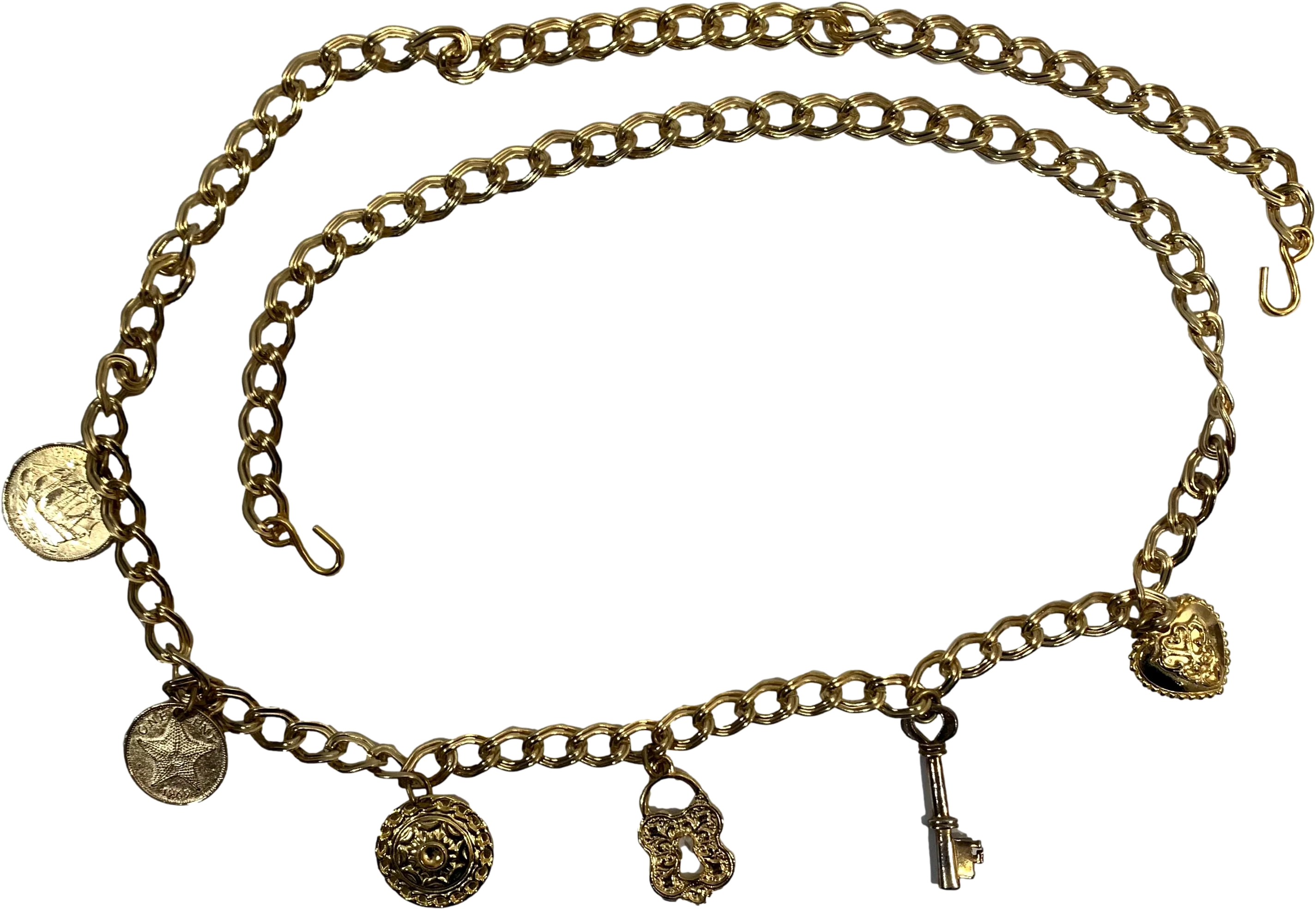70s/80s Gold Chain Belt With Coin Heart Lock Charms - Image 2
