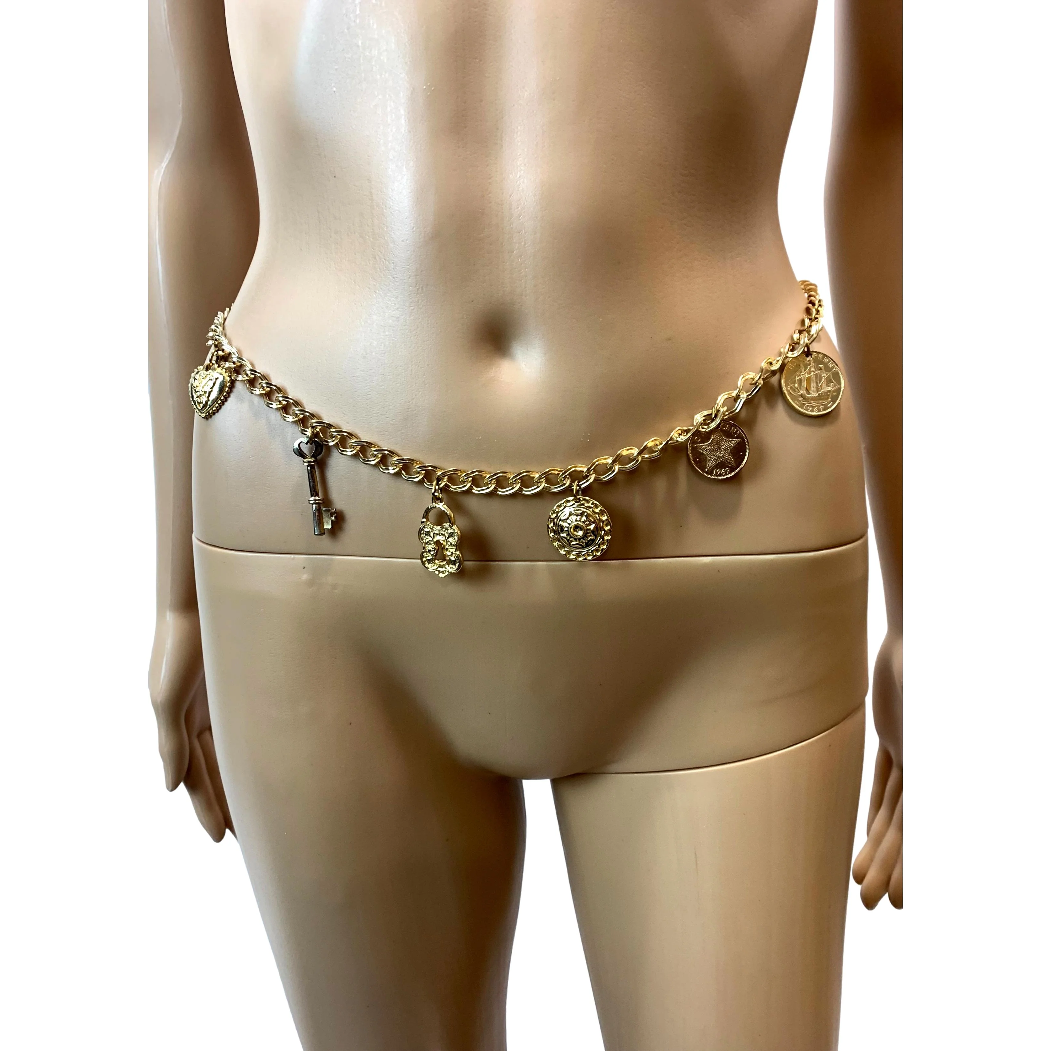 70s/80s Gold Chain Belt With Coin Heart Lock Charms - Image 6