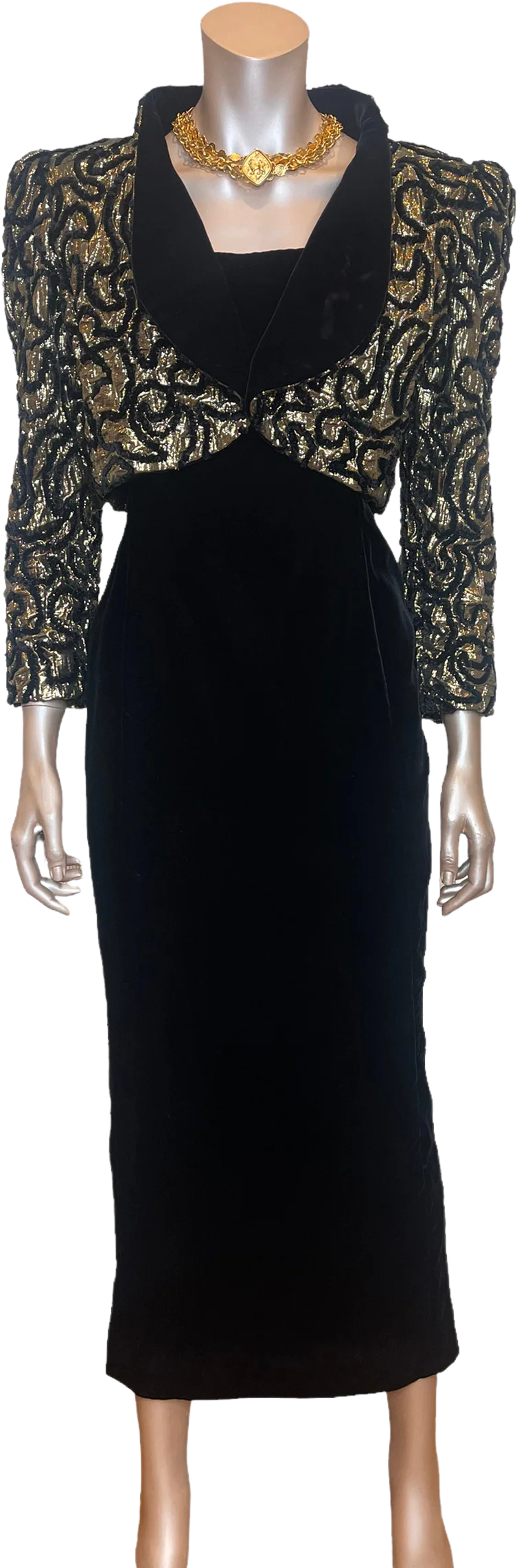 70s/80s Gorgeous Velvet Dress Set With Metallic Bolero By Estevez Couture