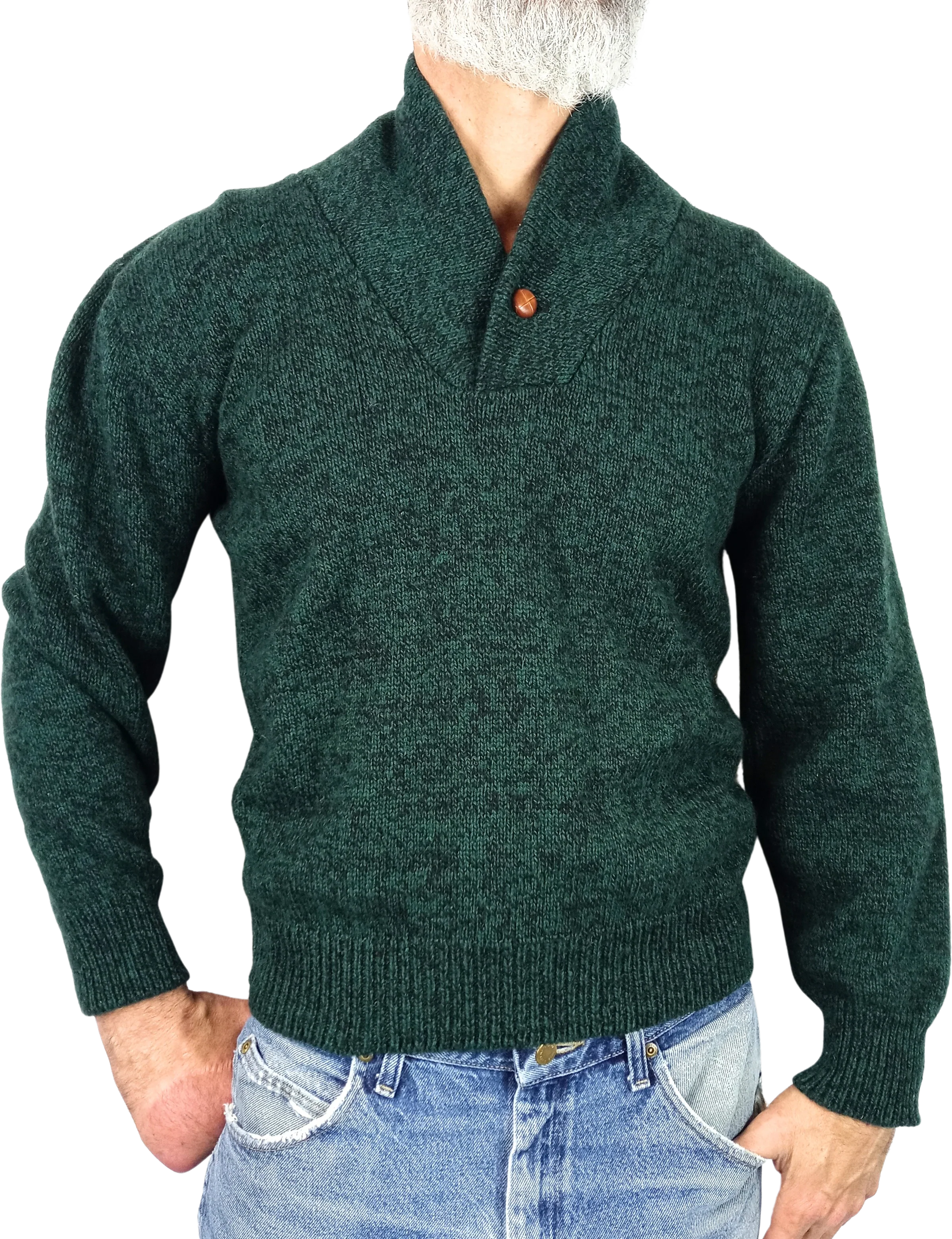 70s/80s Green Ragg Wool Pullover Shawl Collar Sweater By The Great Plains Clothing Company
