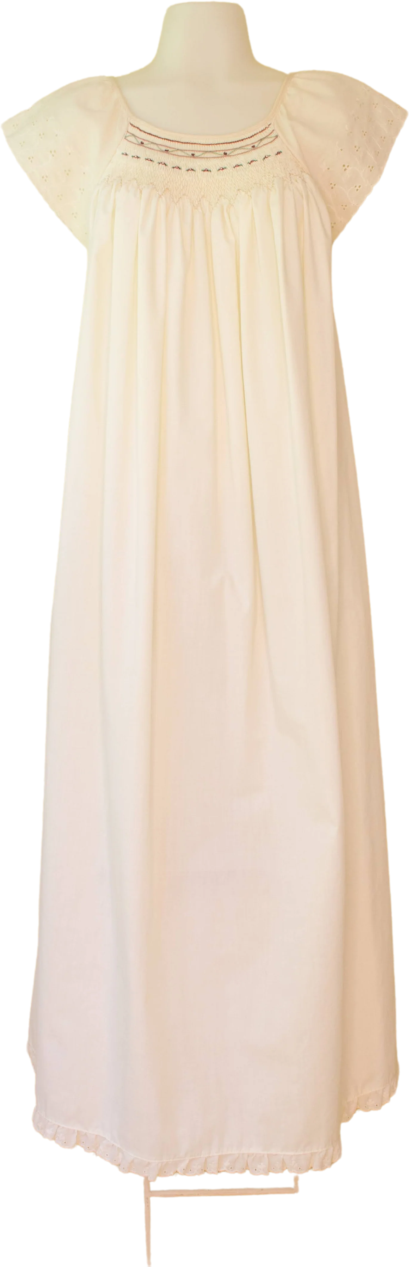 70s/80s Ivory Night Gown With Hand Smocking And Embroidery