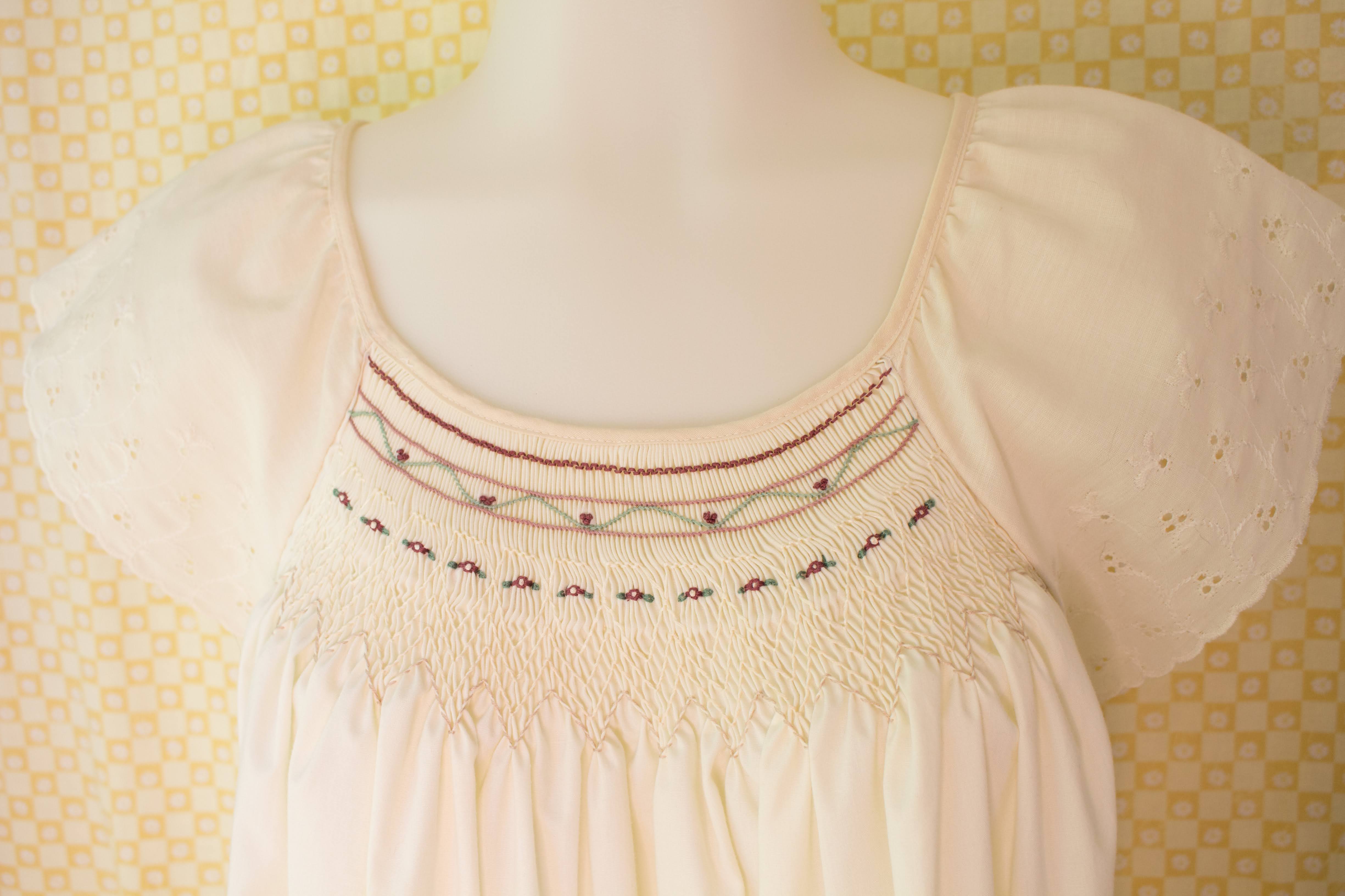 70s/80s Ivory Night Gown With Hand Smocking And Embroidery - Image 4