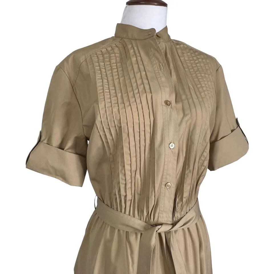 70s/80s Khaki Pleated Safari Style Shirtdress Pockets 14 - Image 3