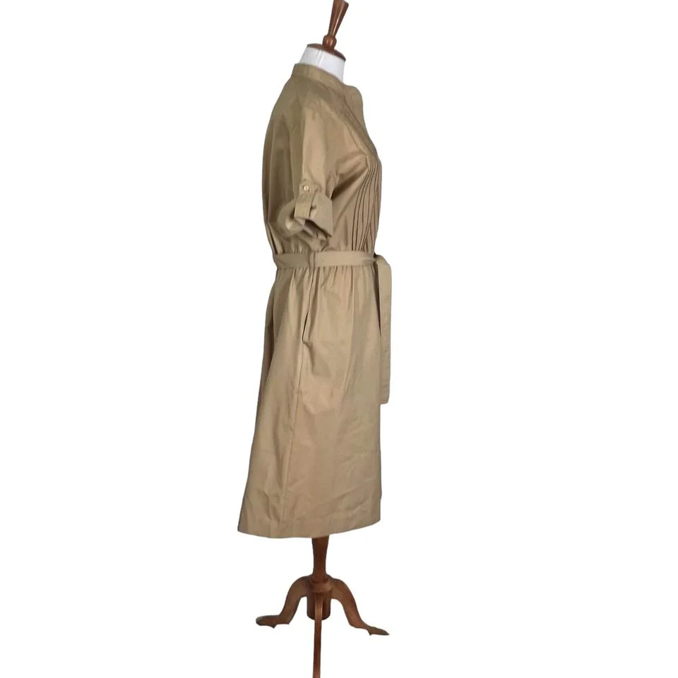 70s/80s Khaki Pleated Safari Style Shirtdress Pockets 14 - Image 4
