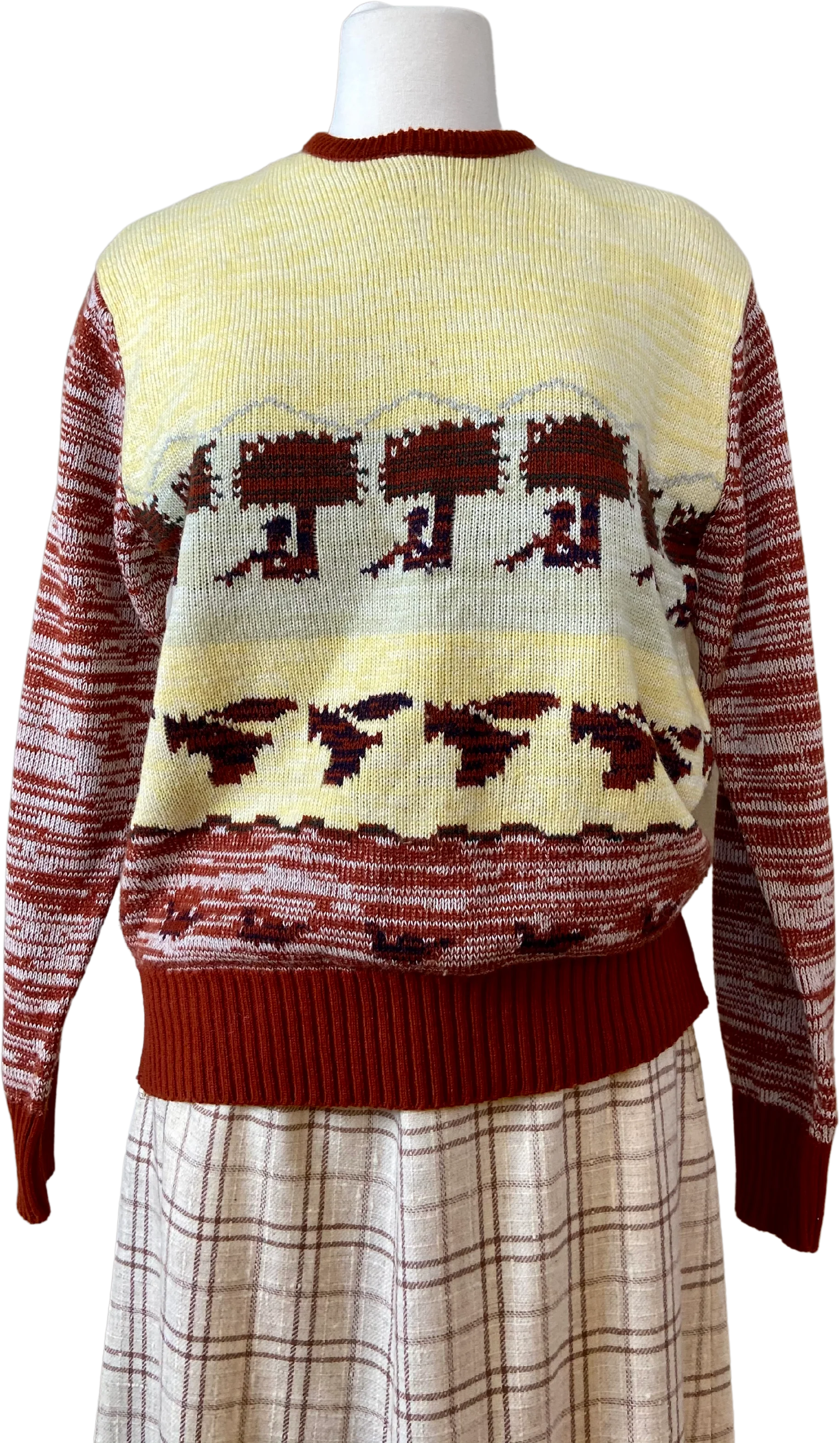 70s/80s Knit Crewneck Sweater With Unique Print In Rust By Milwaukee Knit