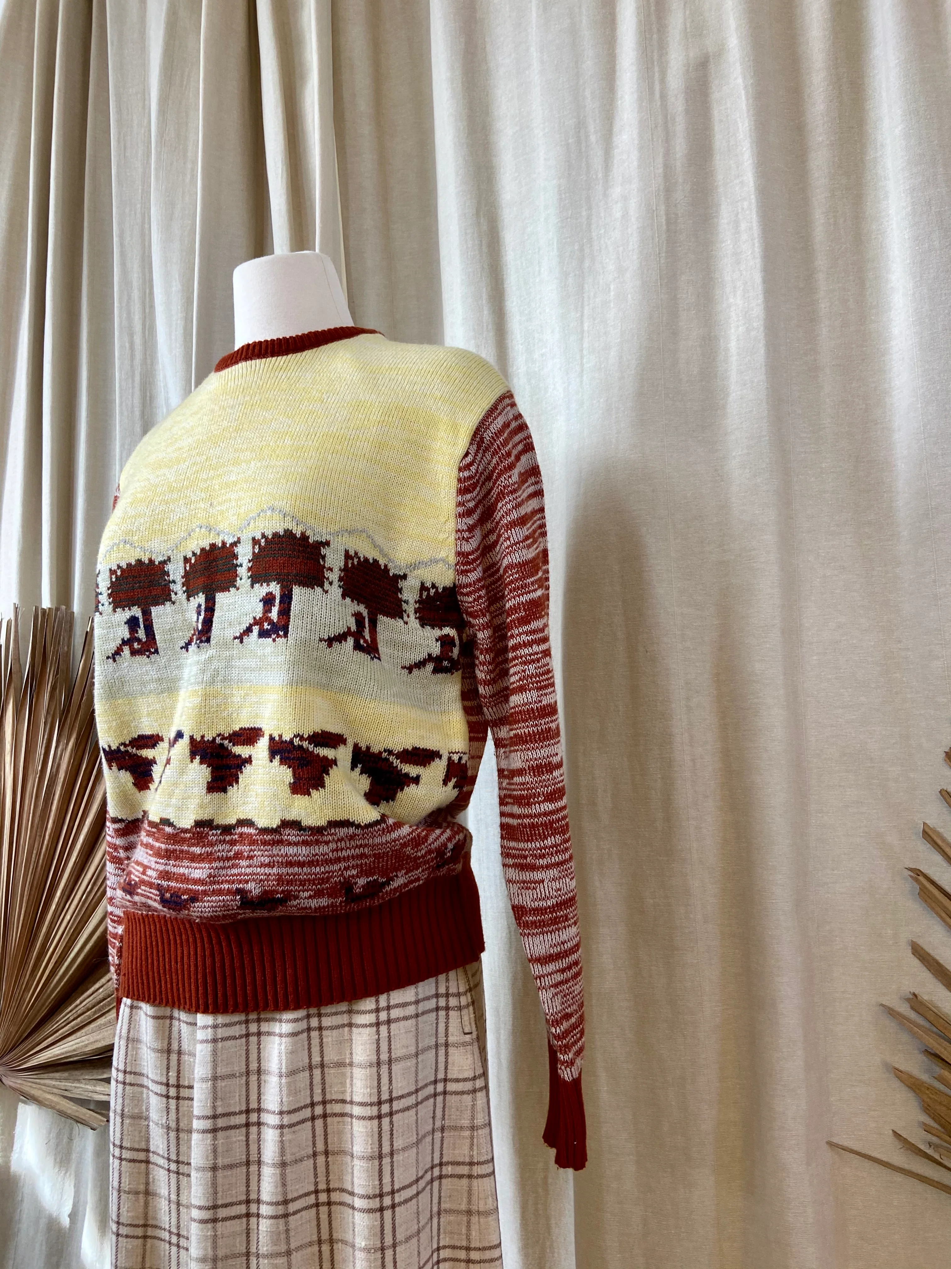 70s/80s Knit Crewneck Sweater With Unique Print In Rust By Milwaukee Knit - Image 8