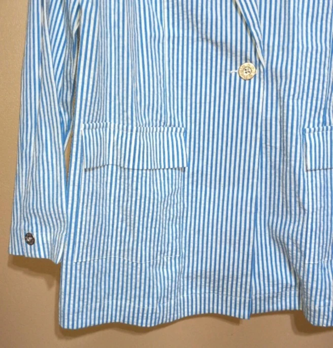 70s/80s Light Blue White Stripe Seersucker Blazer By Denim & Co. - Image 4
