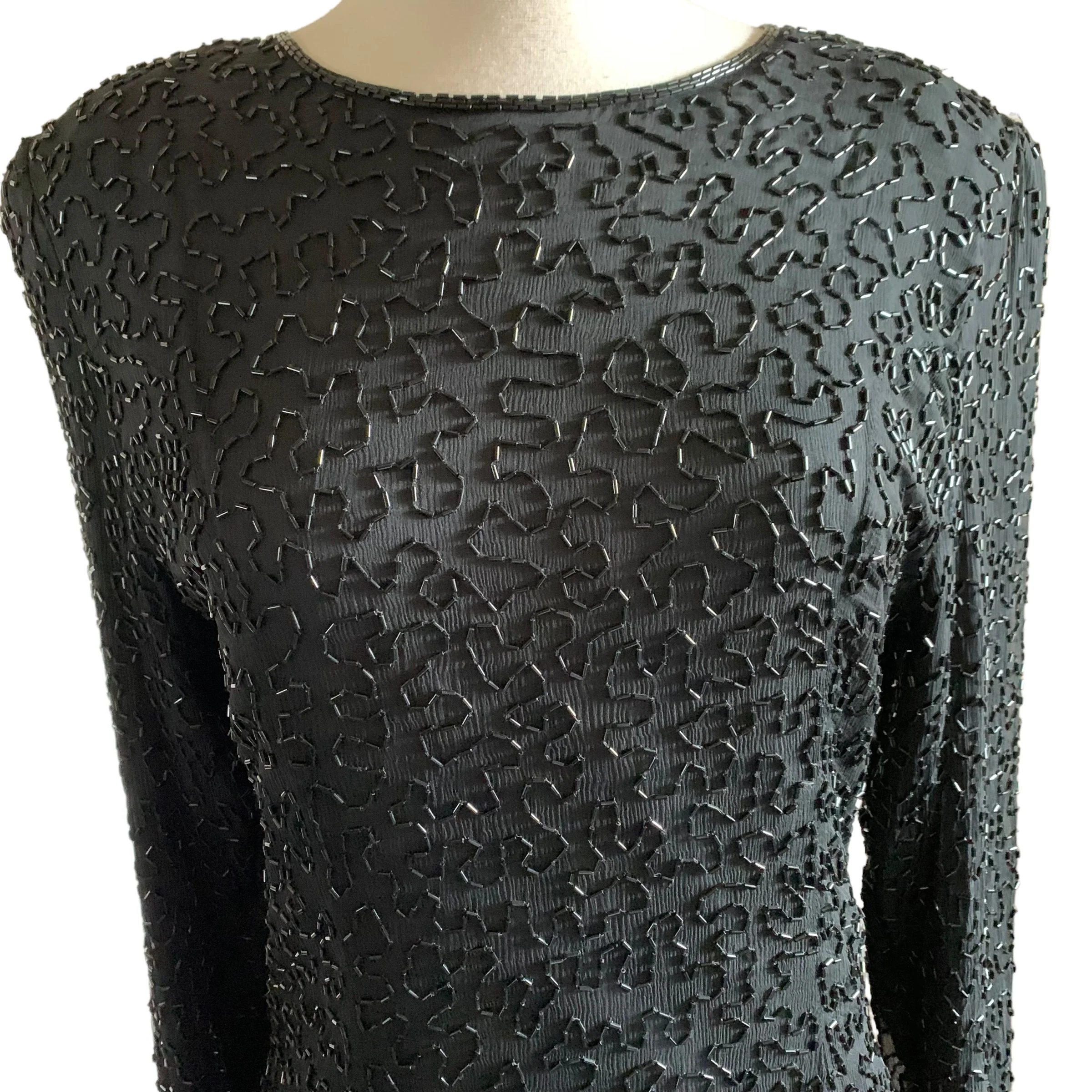 70s/80s Long Sleeve Bugle Bead Dress By Laurence Kazar New York - Image 7