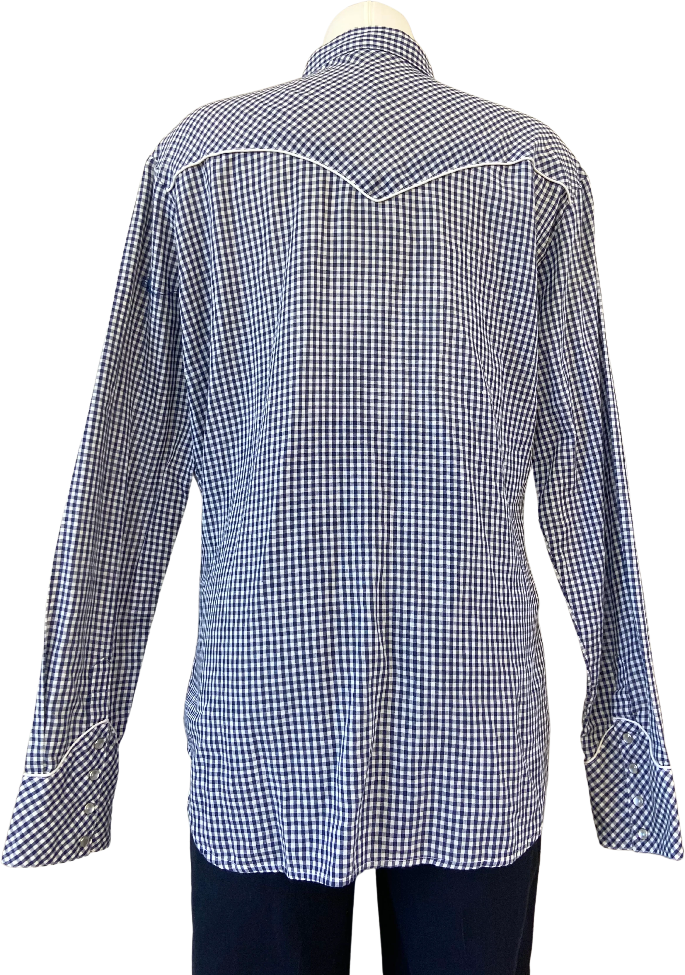 70s/80s Long Sleeve Navy Gingham Western Button Up Shirt - Image 2