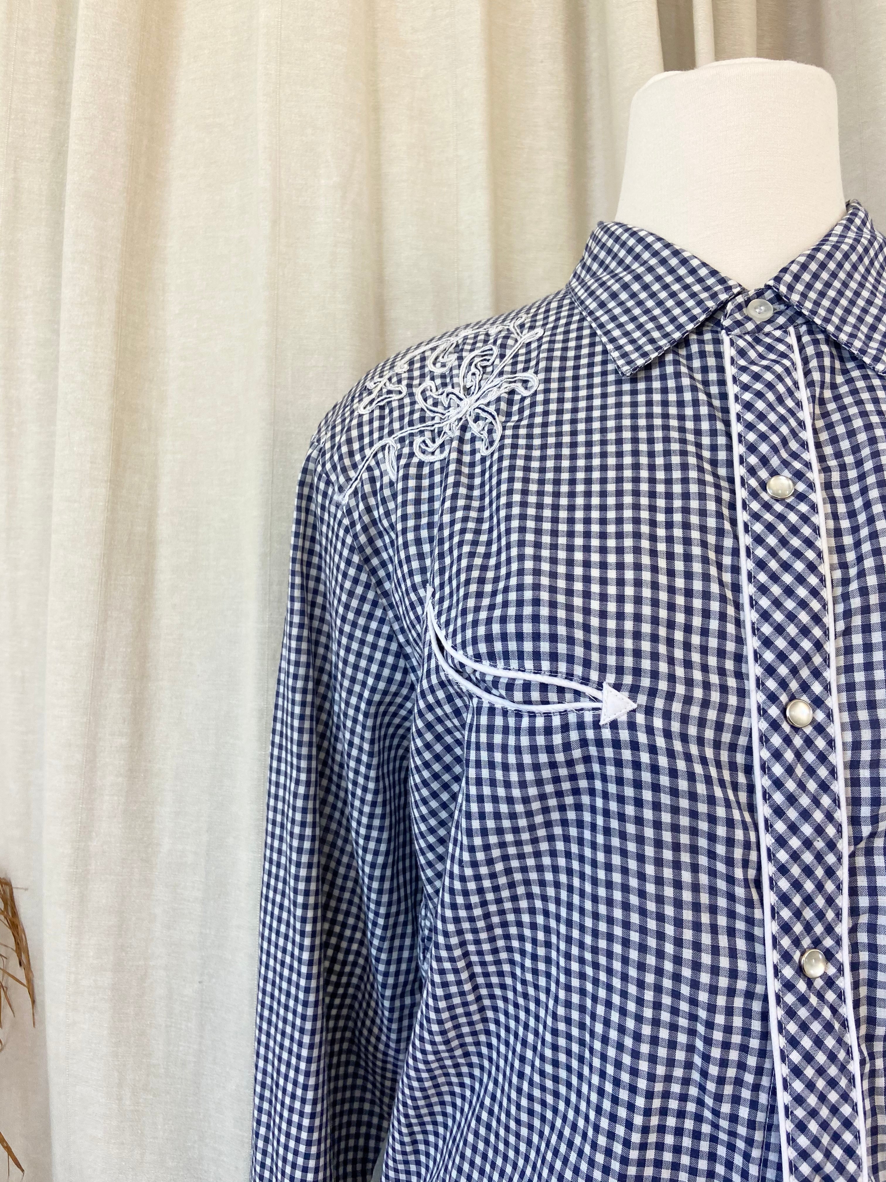 70s/80s Long Sleeve Navy Gingham Western Button Up Shirt - Image 7