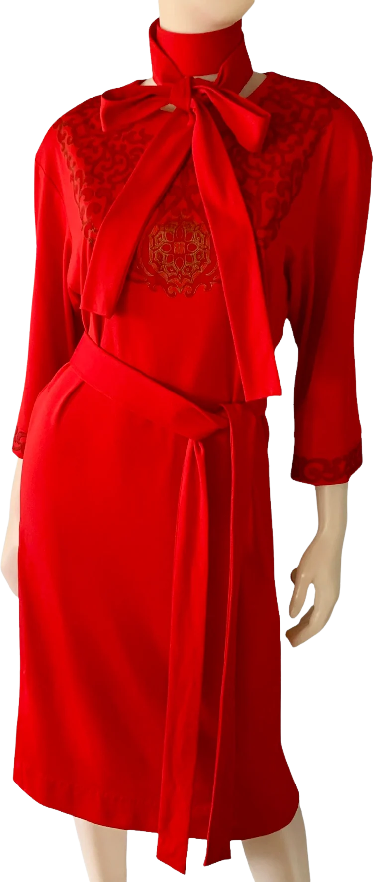 70s/80s Mandala Print Double Belted Sheath Dress Red By Alfred Shaheen