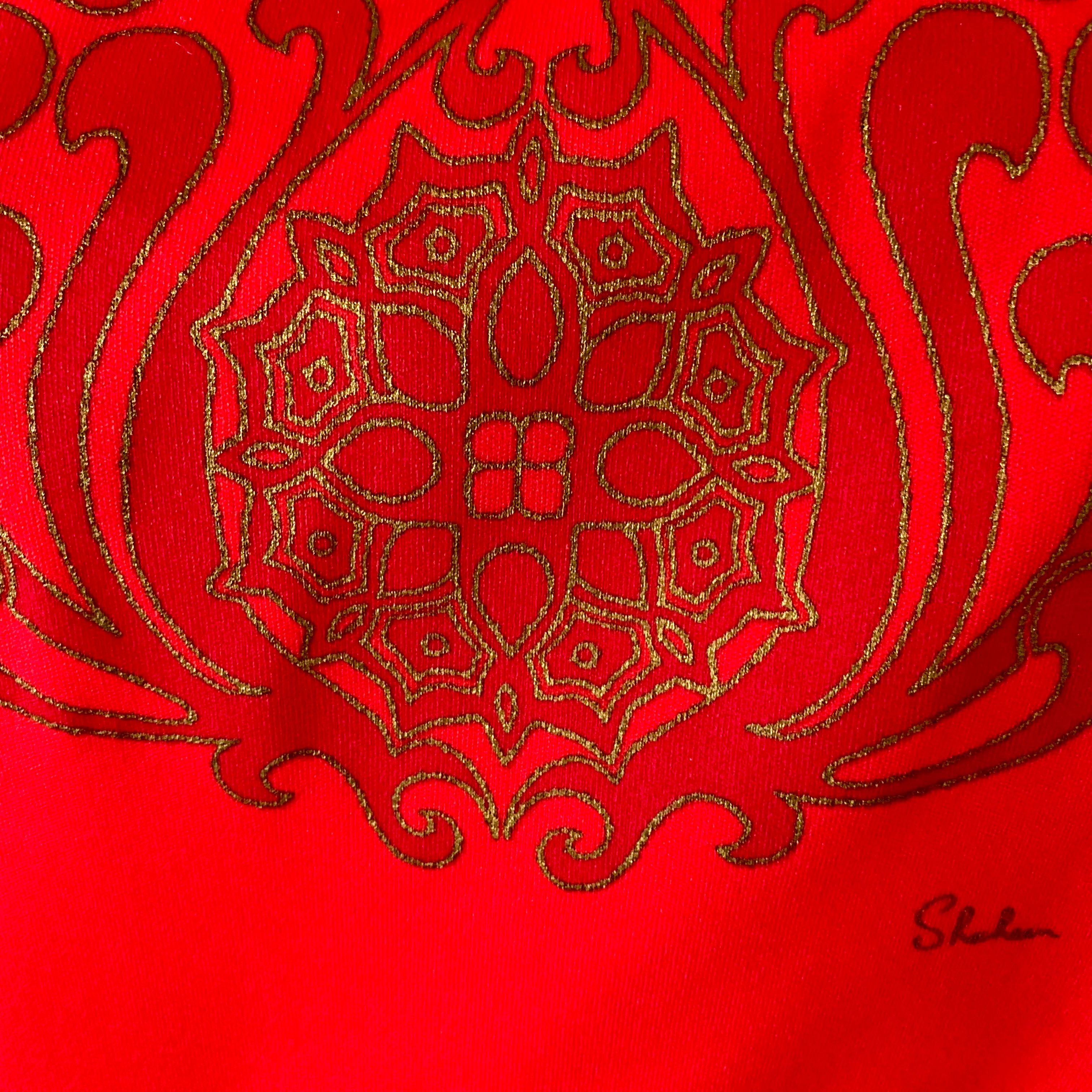 70s/80s Mandala Print Double Belted Sheath Dress Red By Alfred Shaheen - Image 10