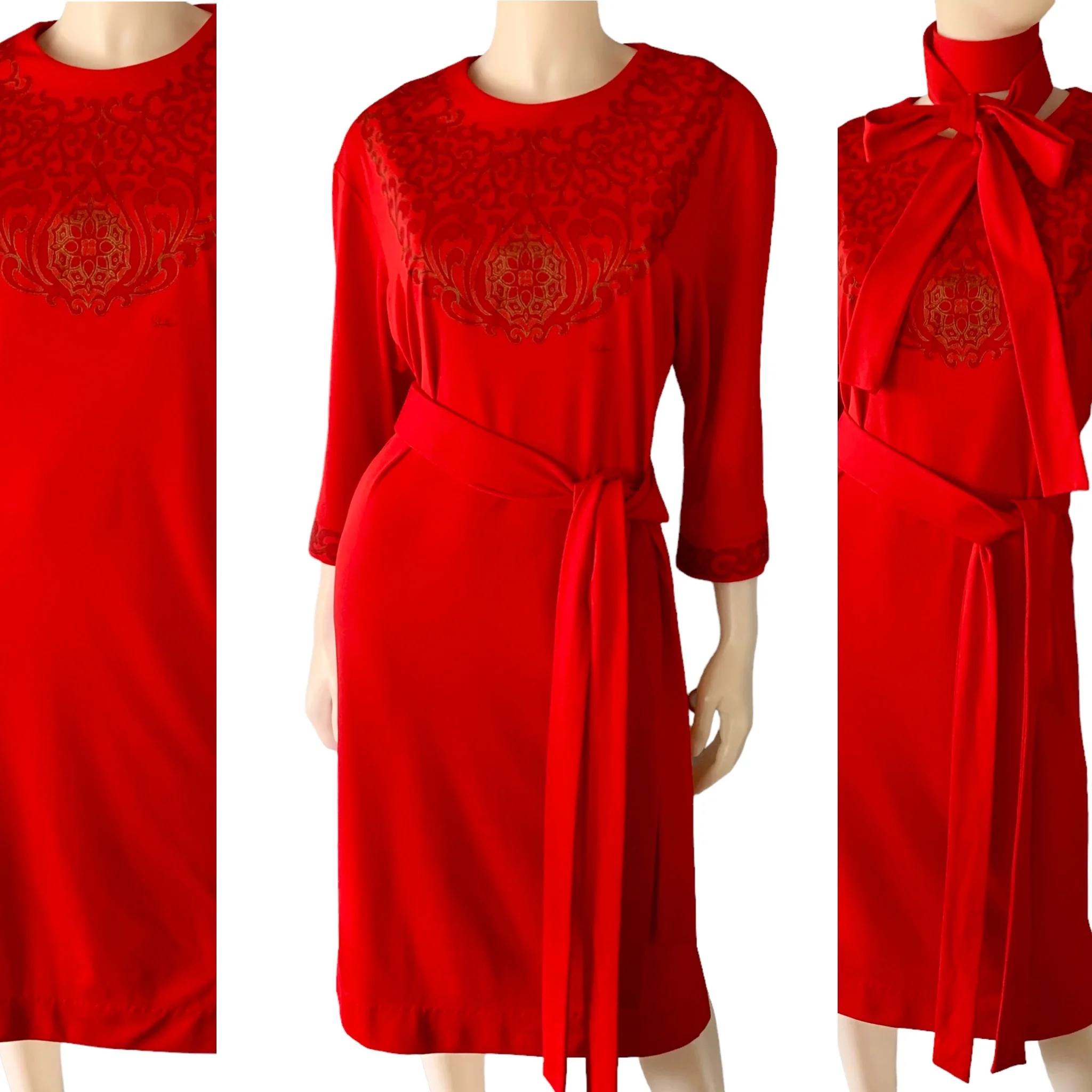 70s/80s Mandala Print Double Belted Sheath Dress Red By Alfred Shaheen - Image 3