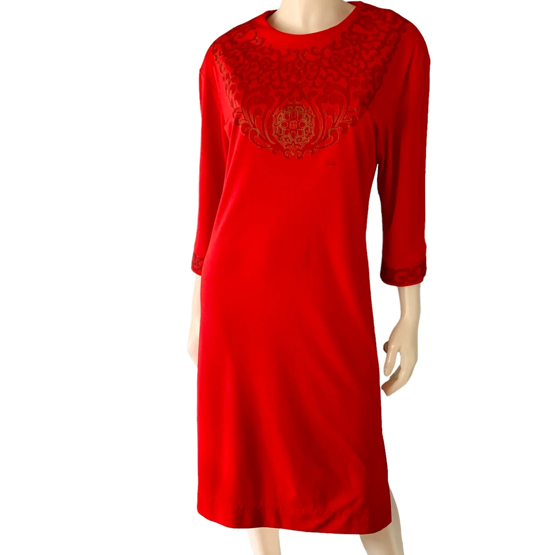 70s/80s Mandala Print Double Belted Sheath Dress Red By Alfred Shaheen - Image 4