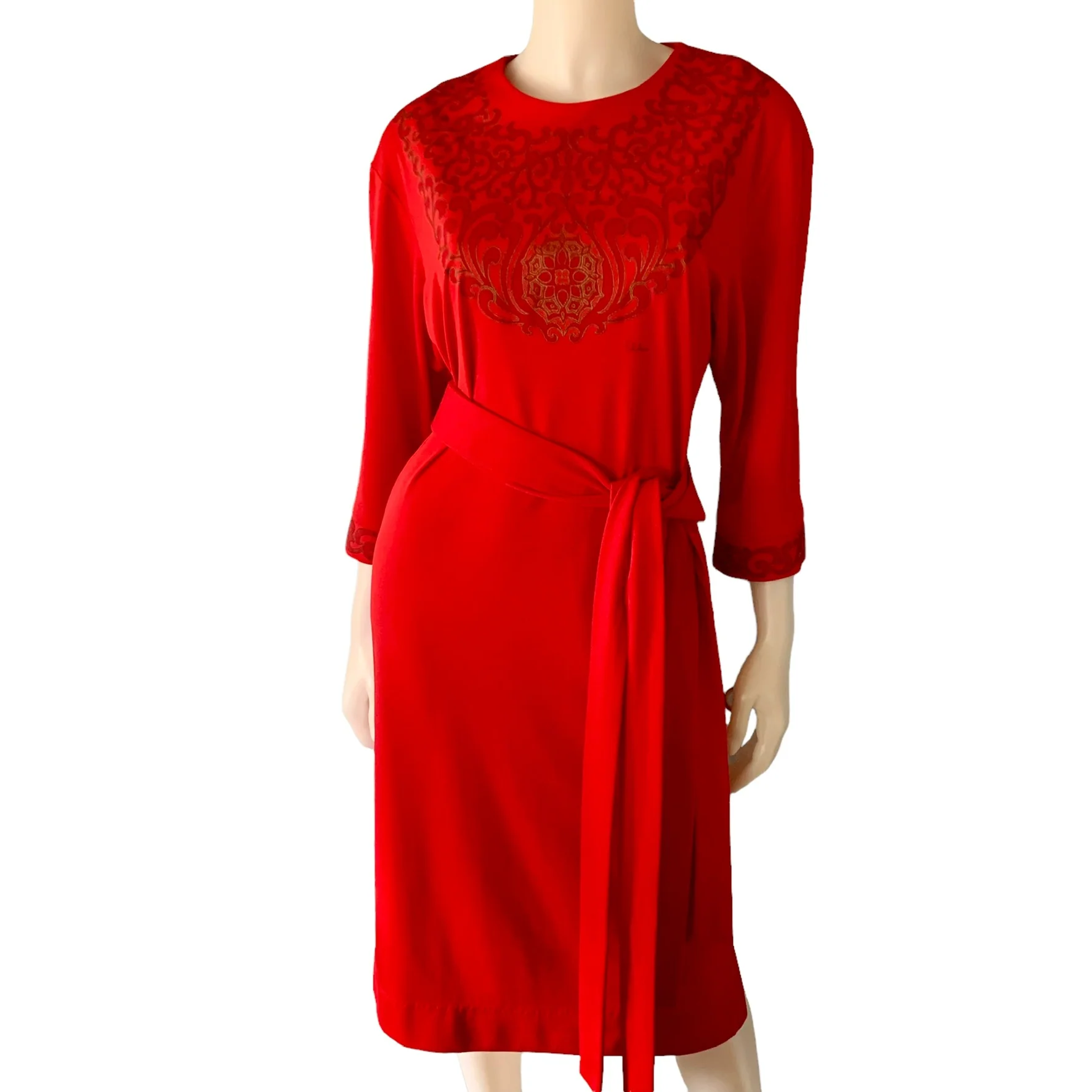 70s/80s Mandala Print Double Belted Sheath Dress Red By Alfred Shaheen - Image 5
