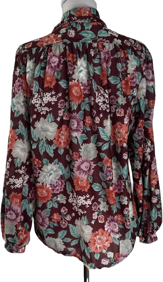 70s/80s Maroon Floral Print Draped Collar Button Blouse - Image 2
