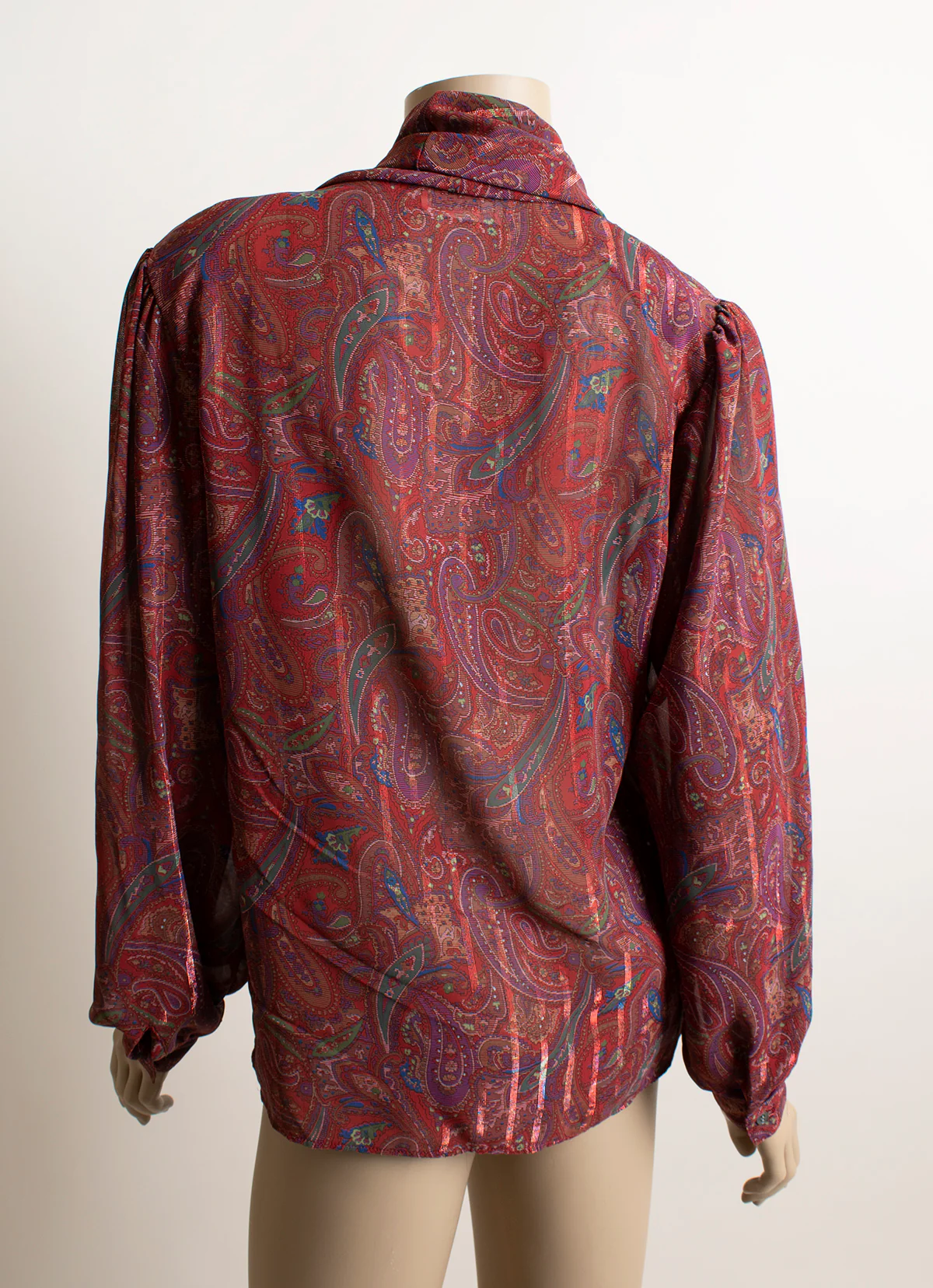 70s/80s Maroon Paisley Print Sheer Cowl Neck Blouse By Stuart Lang - Image 3