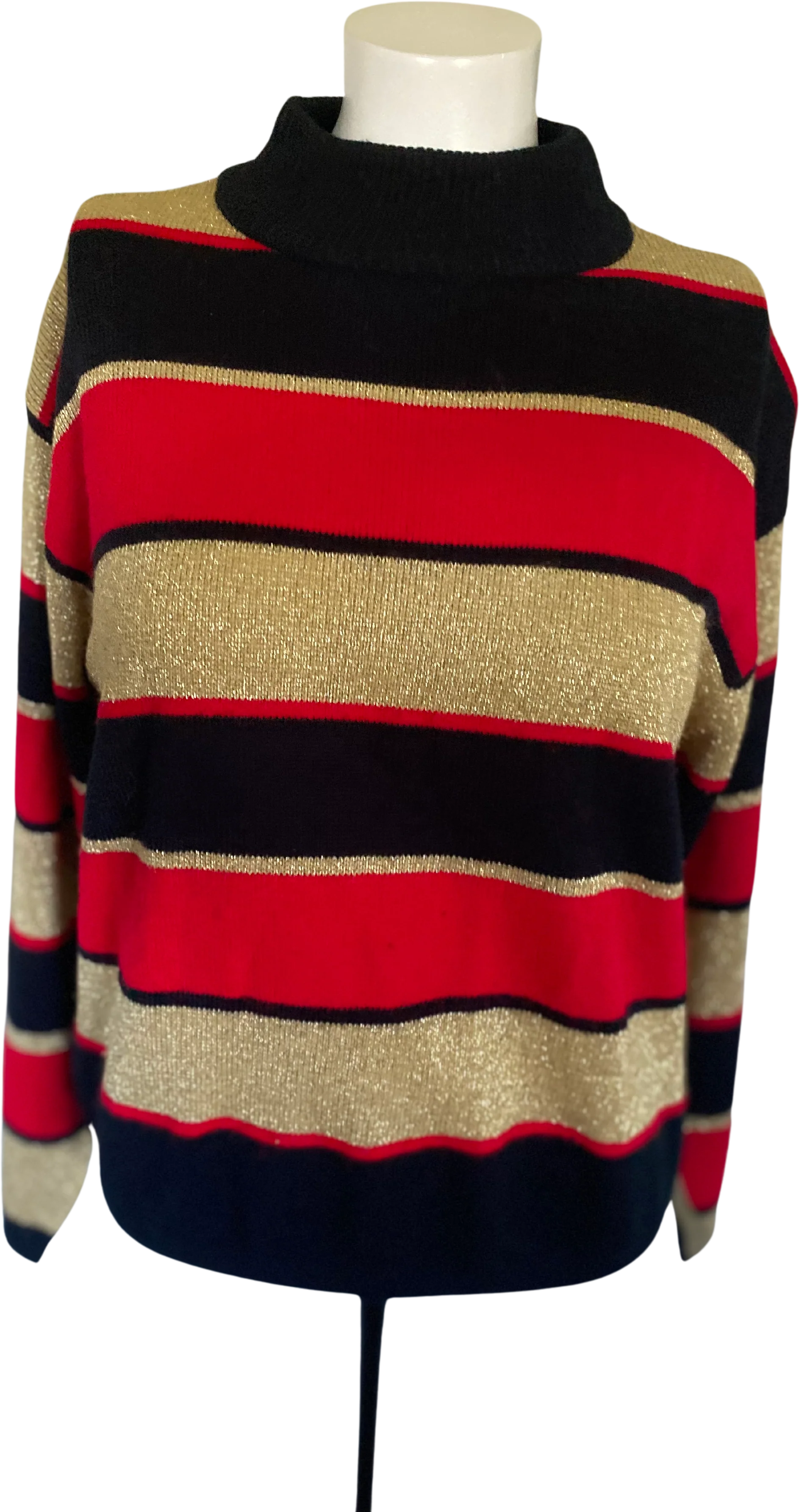 70s/80s Metallic Knit Party Disco Sweater Gold Red Black L By Lise J