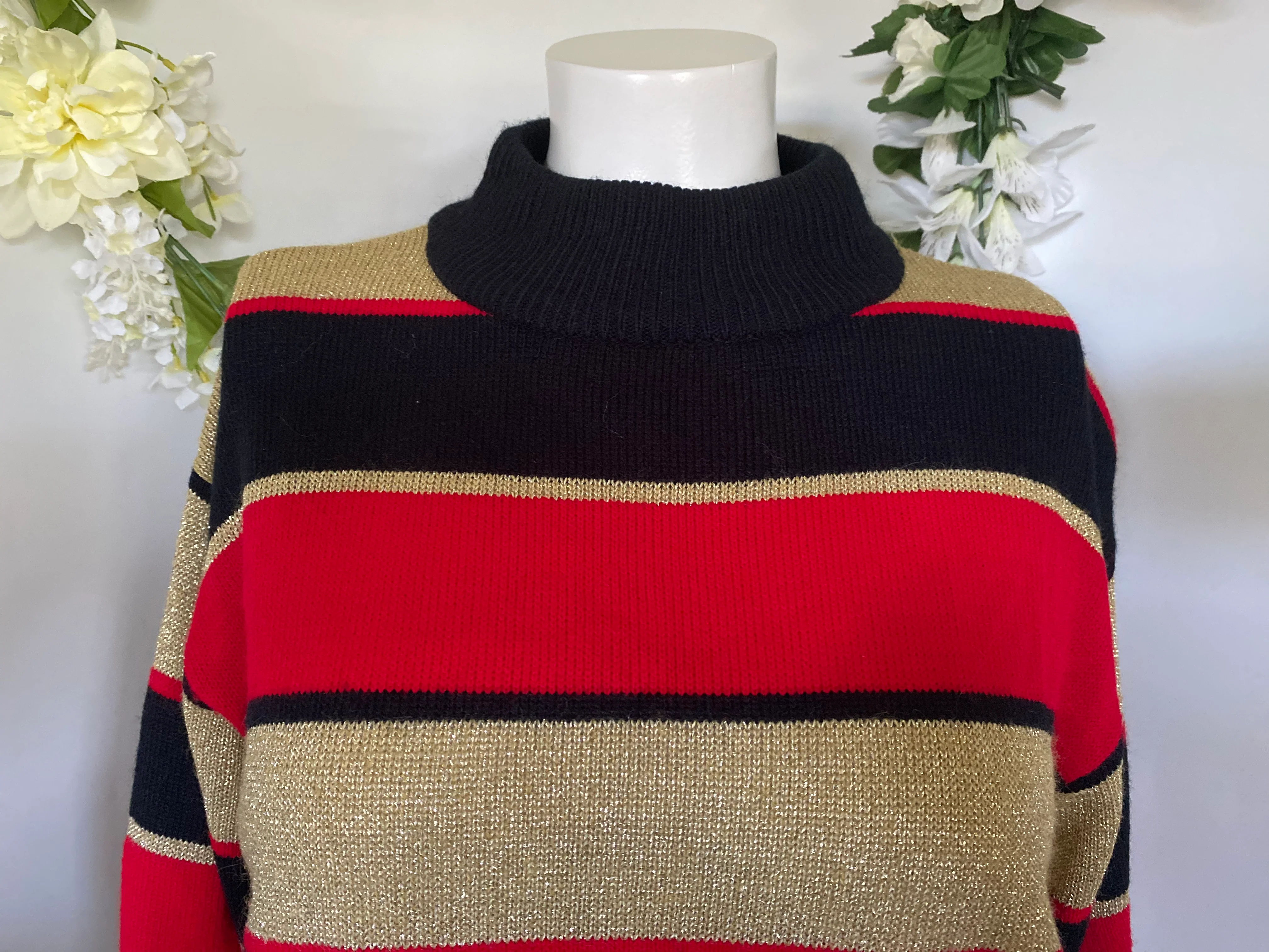 70s/80s Metallic Knit Party Disco Sweater Gold Red Black L By Lise J - Image 10