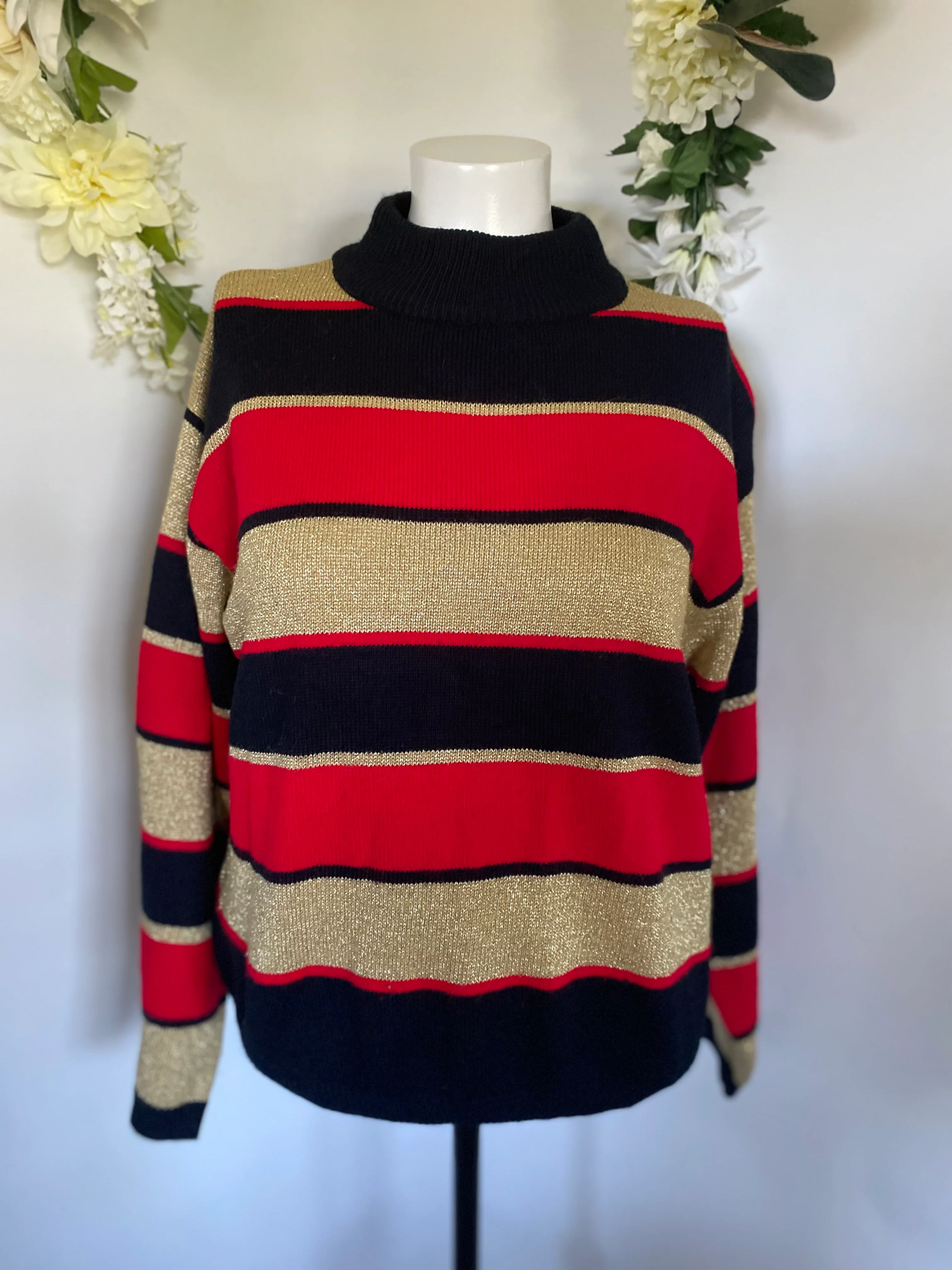 70s/80s Metallic Knit Party Disco Sweater Gold Red Black L By Lise J - Image 11