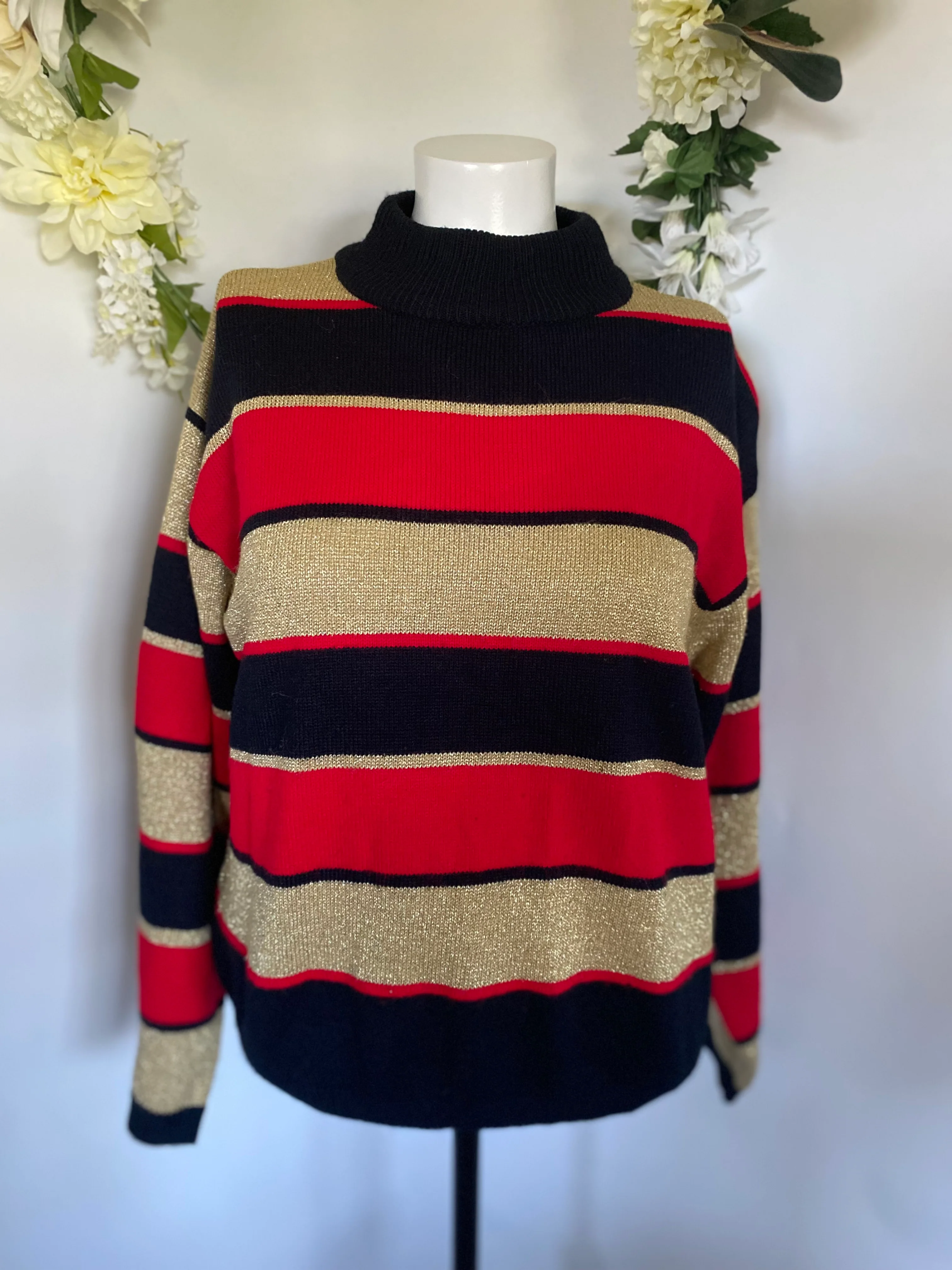70s/80s Metallic Knit Party Disco Sweater Gold Red Black L By Lise J - Image 12
