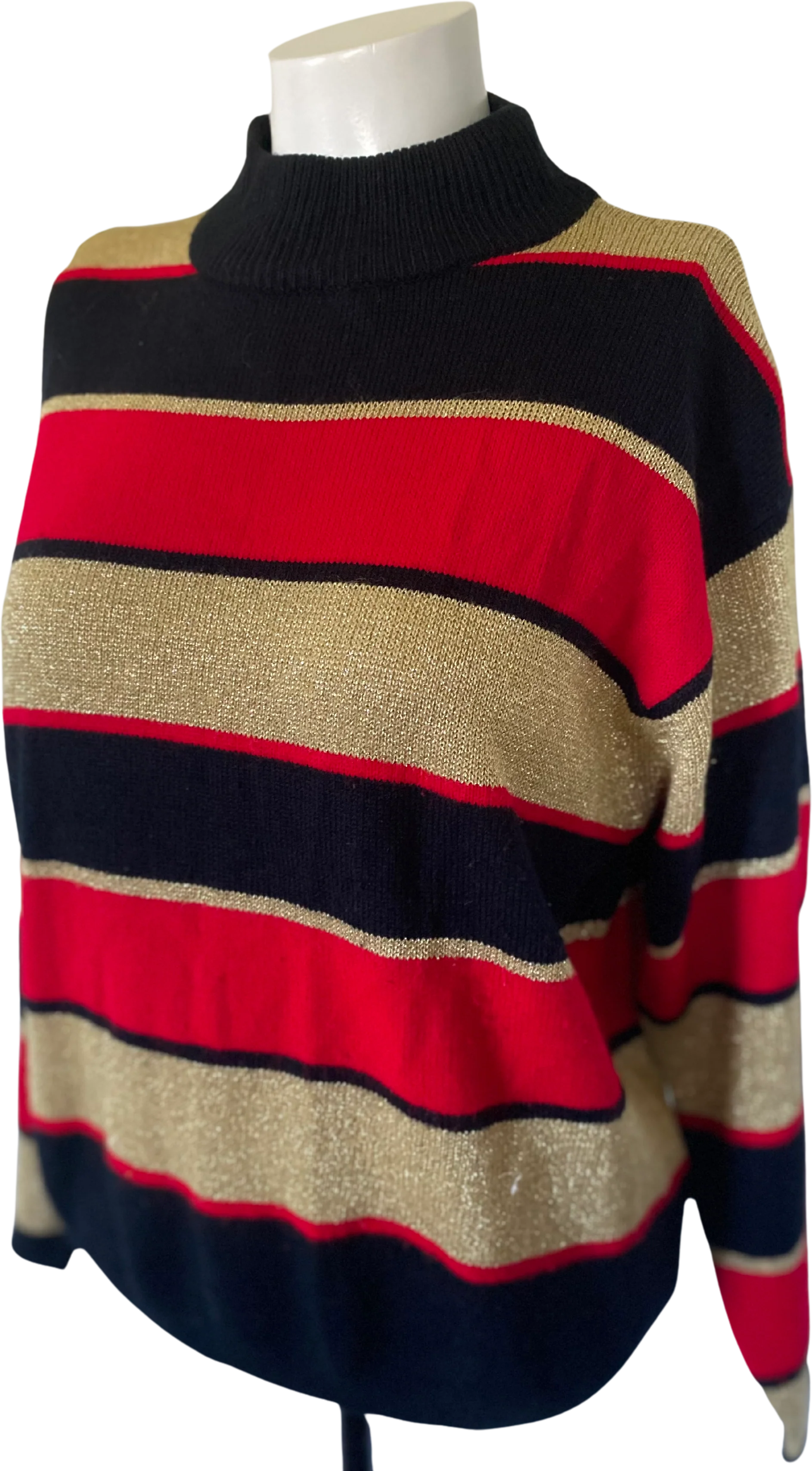 70s/80s Metallic Knit Party Disco Sweater Gold Red Black L By Lise J - Image 2