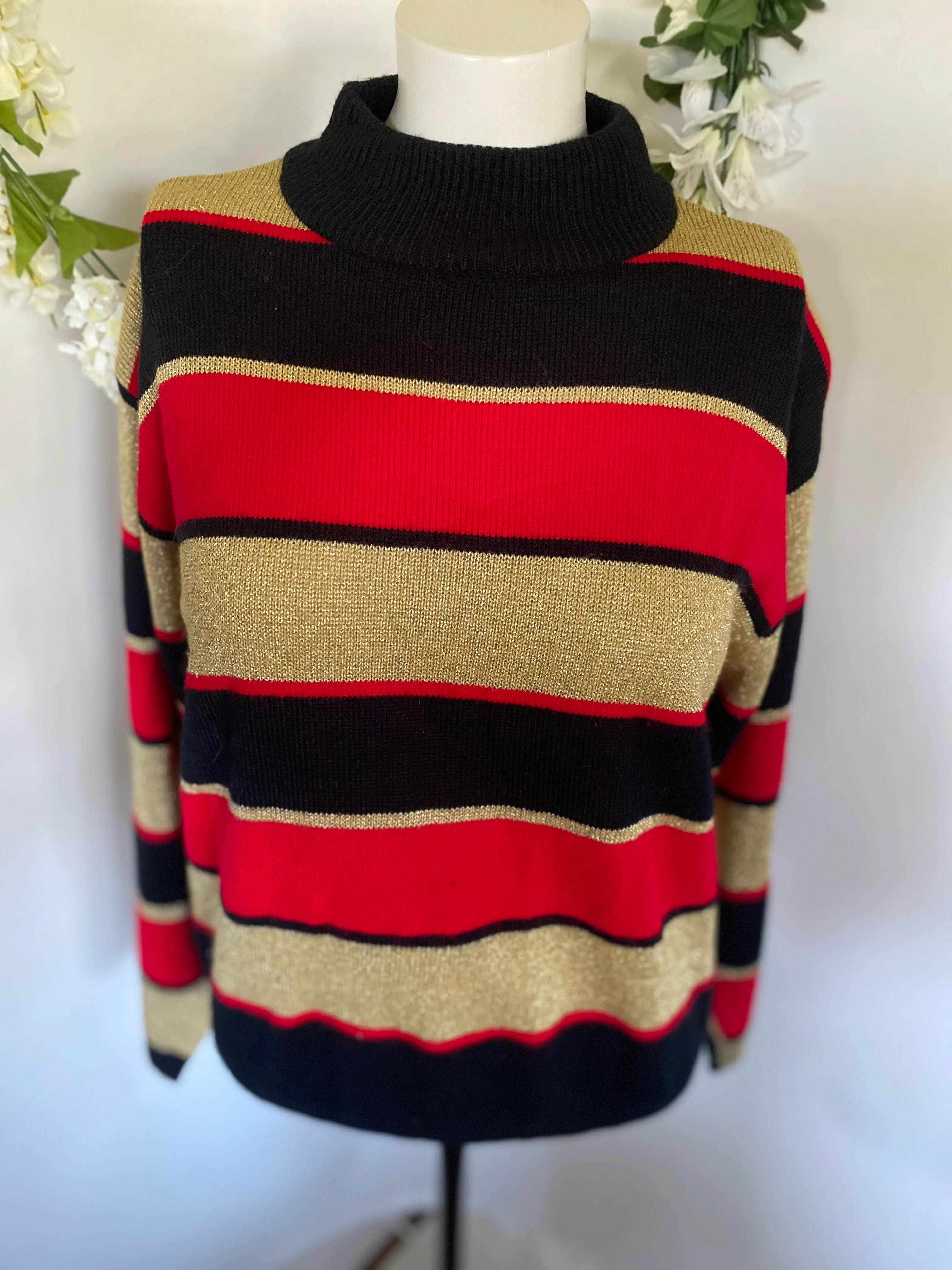 70s/80s Metallic Knit Party Disco Sweater Gold Red Black L By Lise J - Image 3