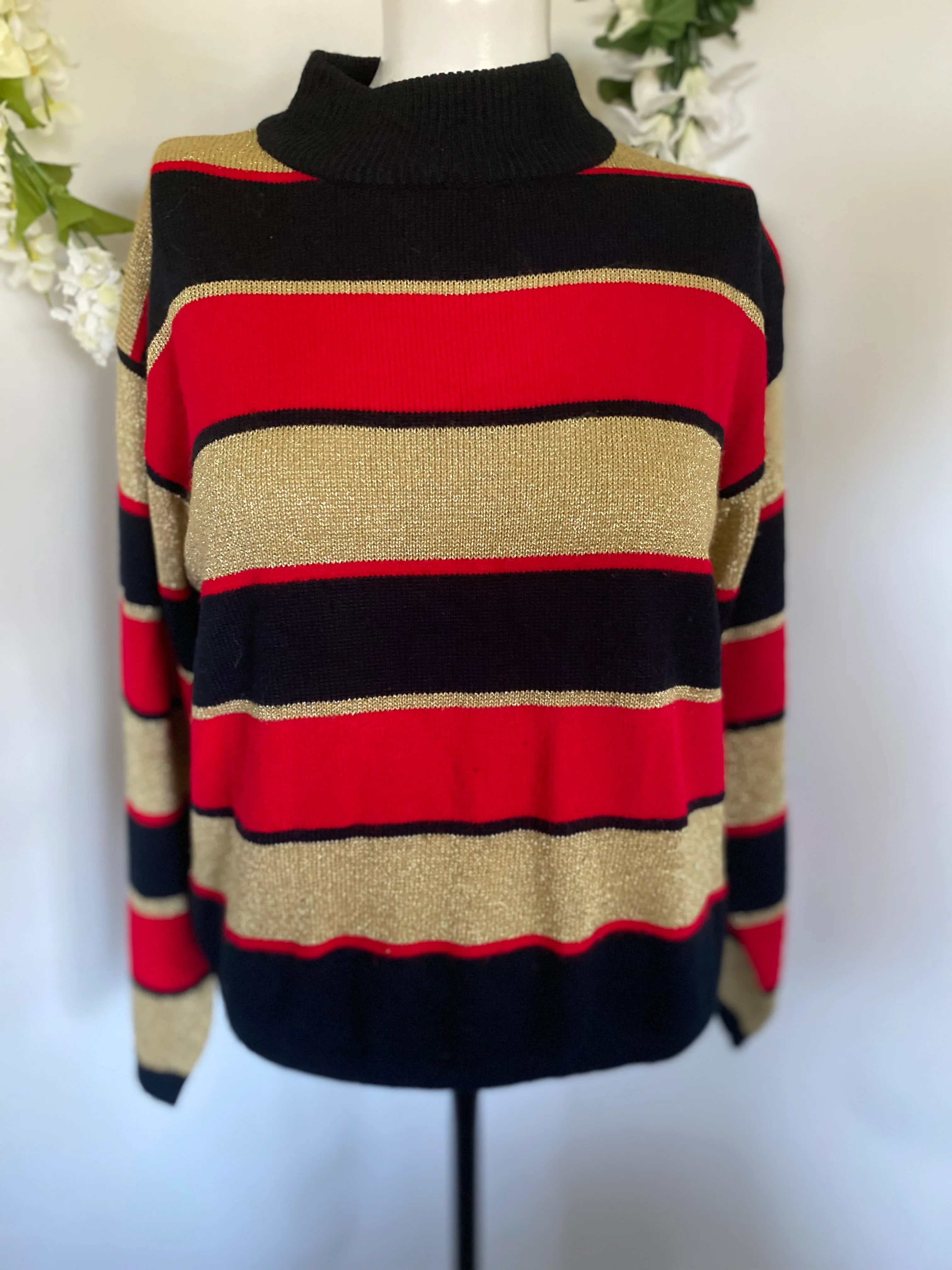 70s/80s Metallic Knit Party Disco Sweater Gold Red Black L By Lise J - Image 4