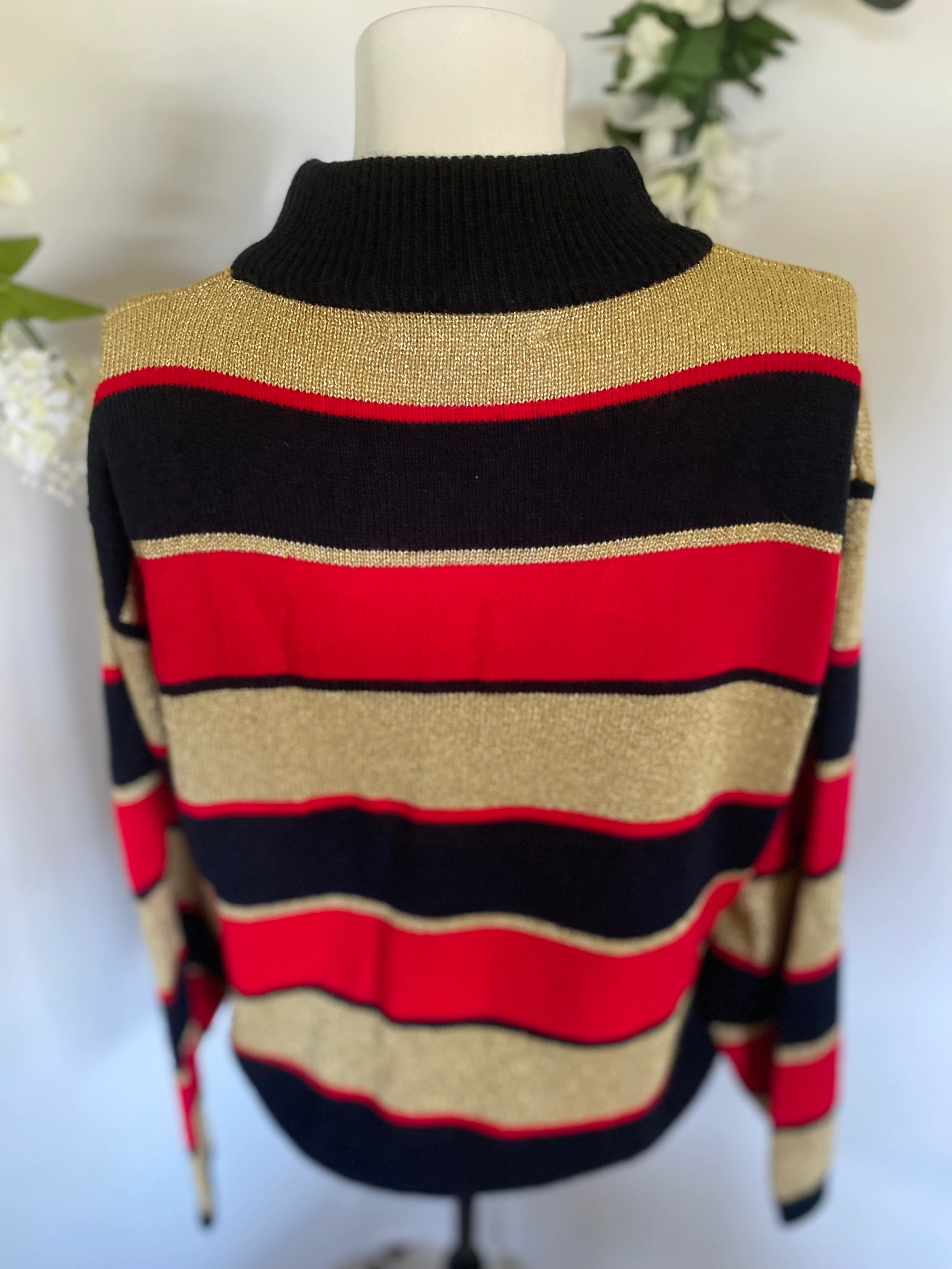 70s/80s Metallic Knit Party Disco Sweater Gold Red Black L By Lise J - Image 6