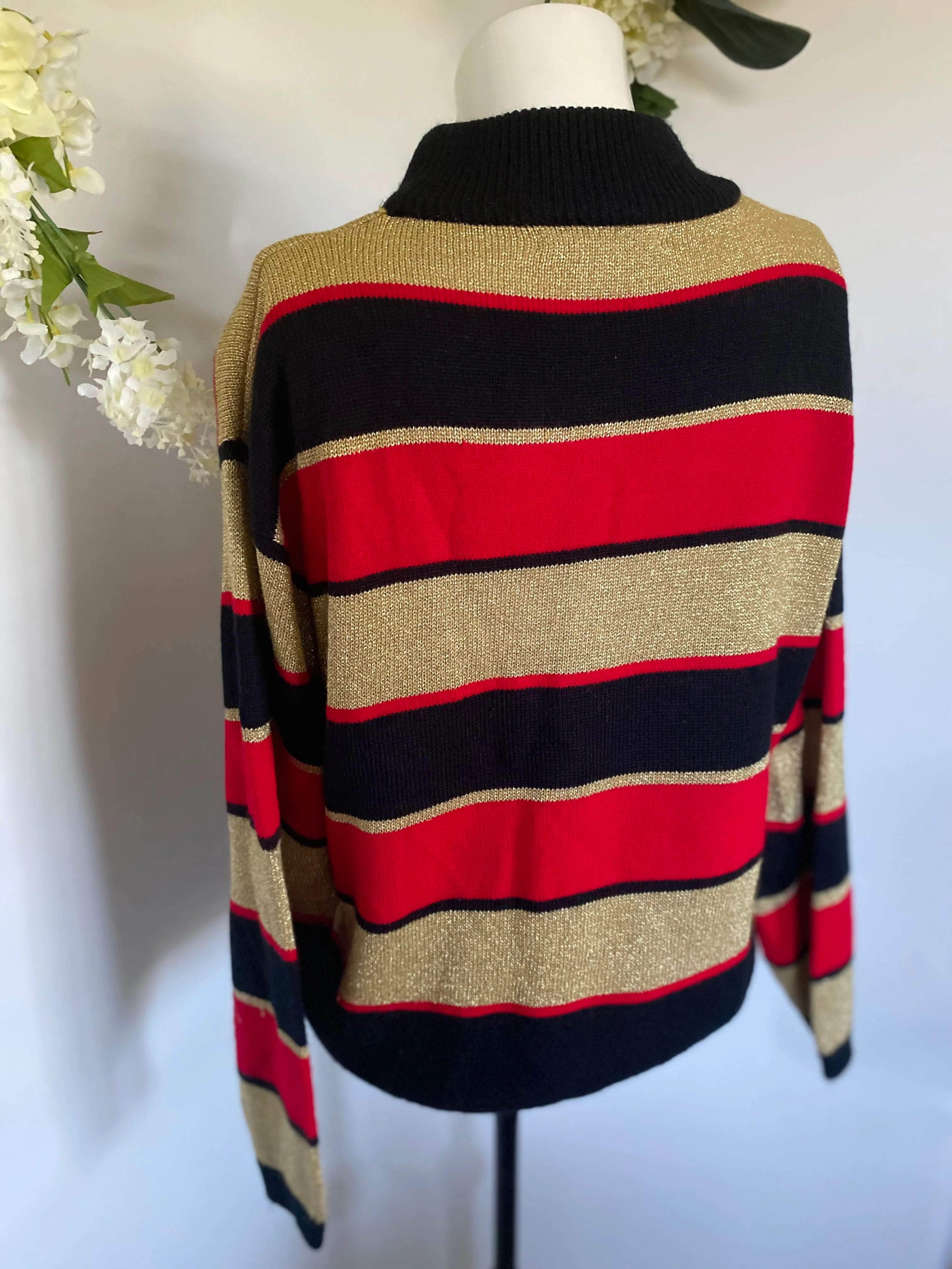 70s/80s Metallic Knit Party Disco Sweater Gold Red Black L By Lise J - Image 7