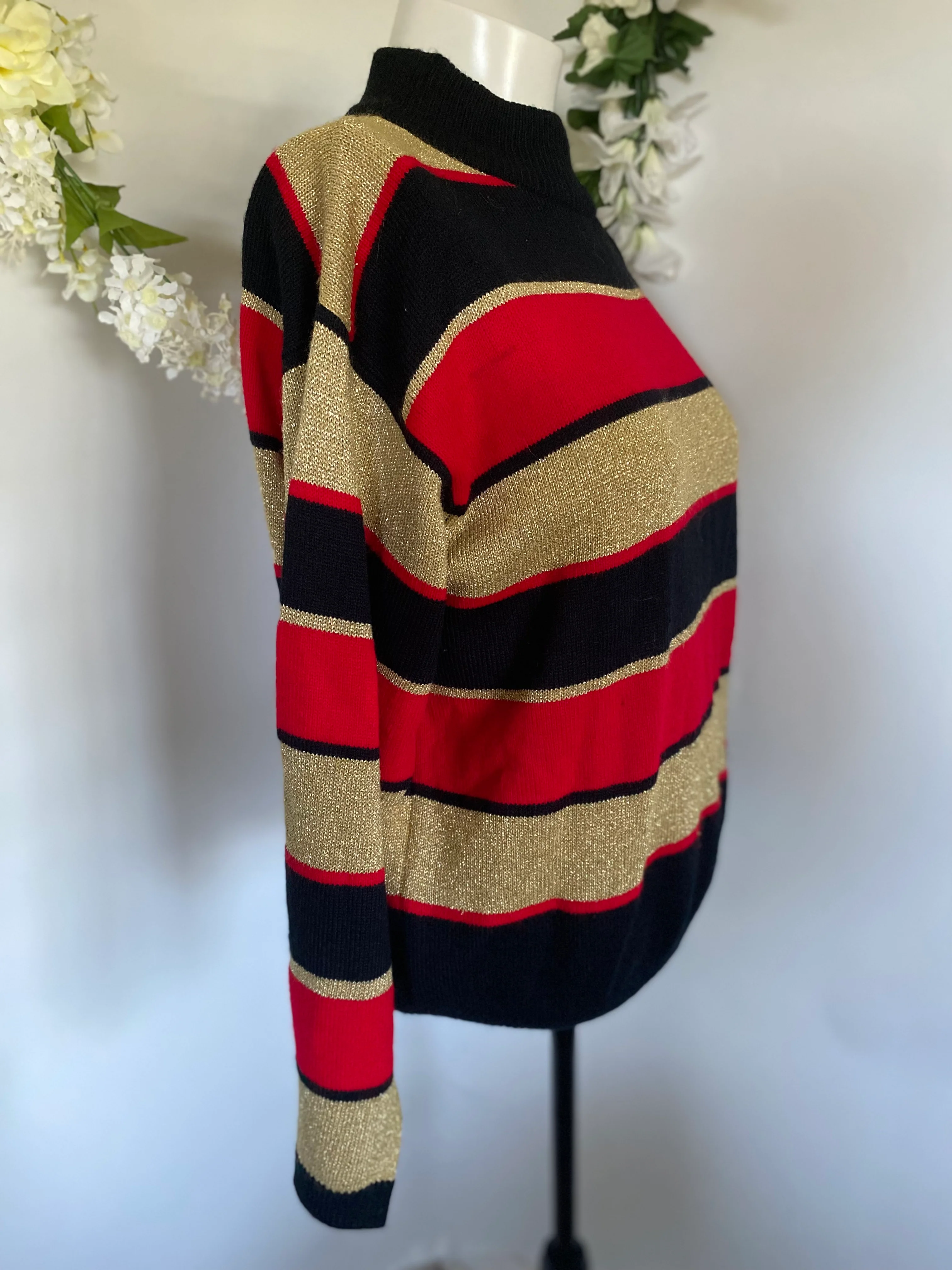 70s/80s Metallic Knit Party Disco Sweater Gold Red Black L By Lise J - Image 8